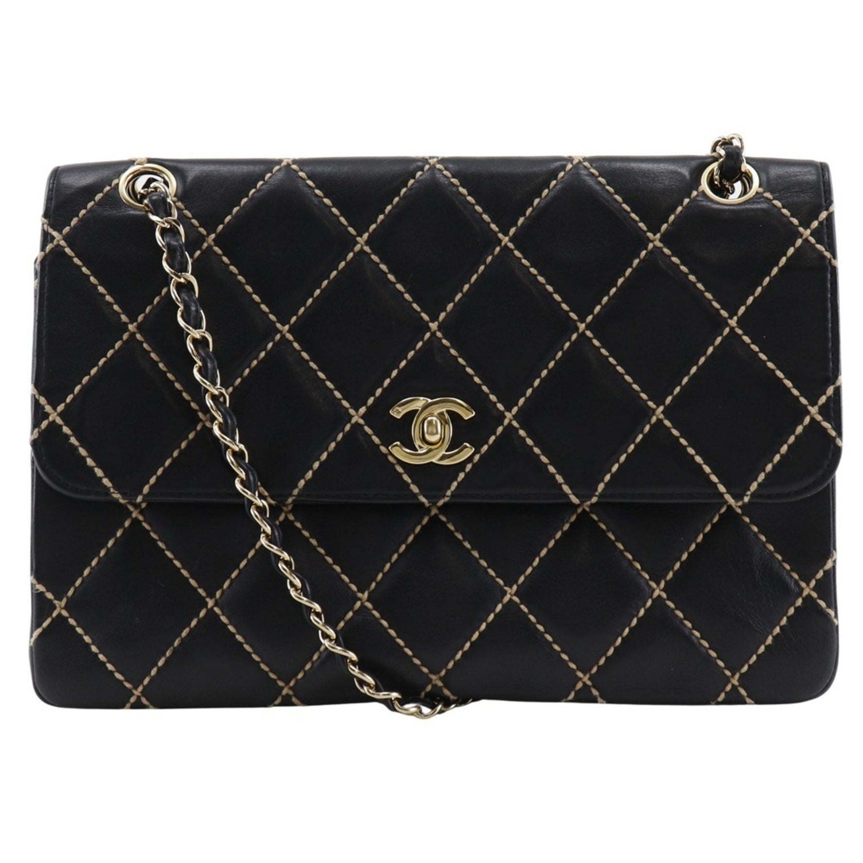 CHANEL Wild Stitch Shoulder Bag, Double Chain Leather, Turn Lock