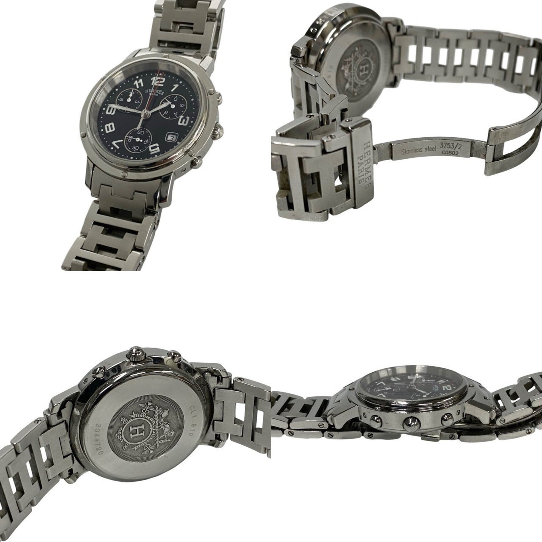 HERMES Clipper Stainless Steel Quartz Watch Silver and Black
