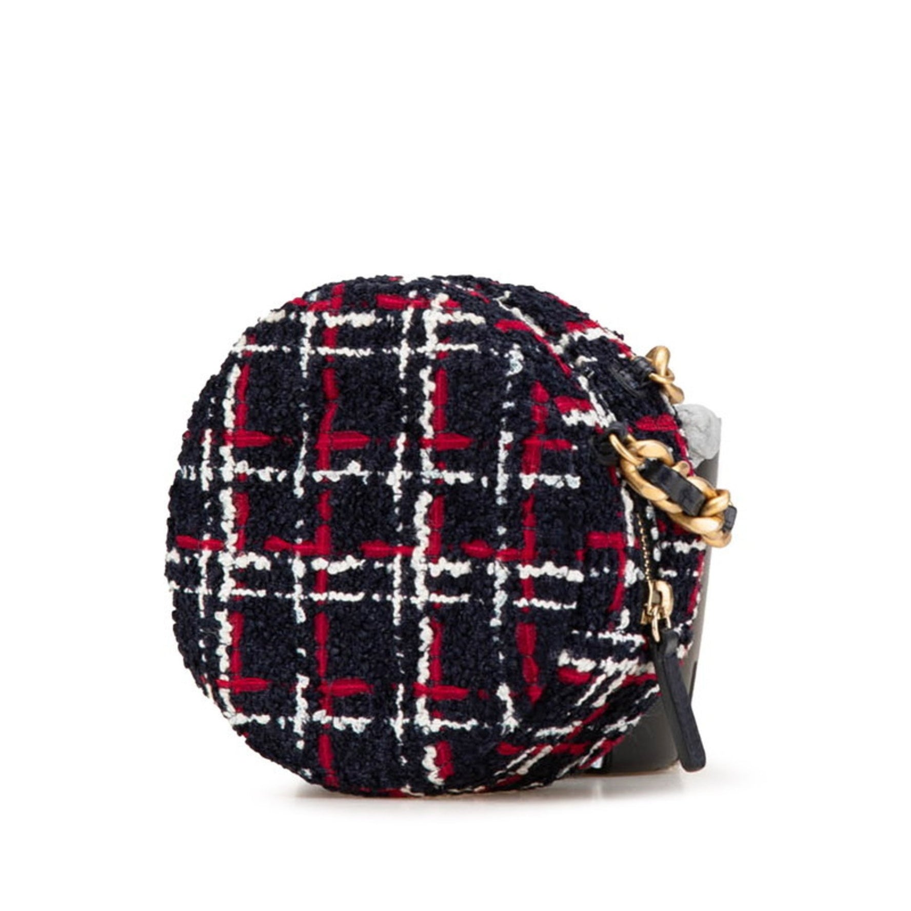 CHANEL 19 Round Crossbody Chain Shoulder Bag Navy Red Tweed Leather