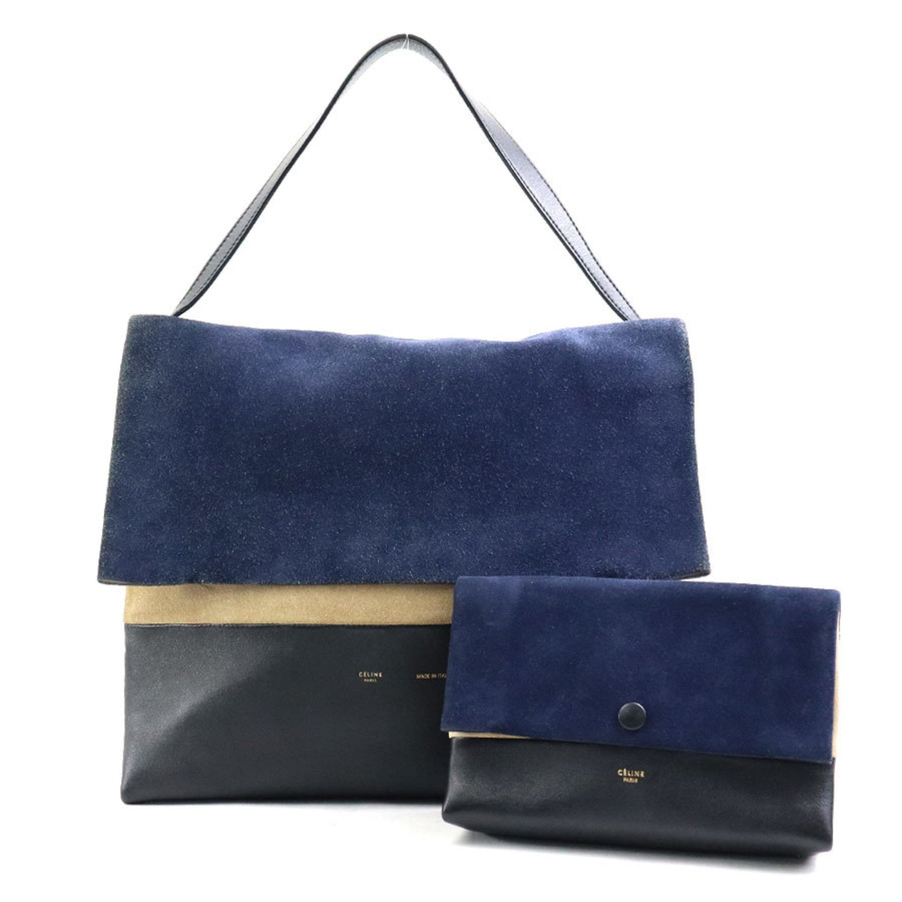 CELINE shoulder bag all soft suede leather navy black beige