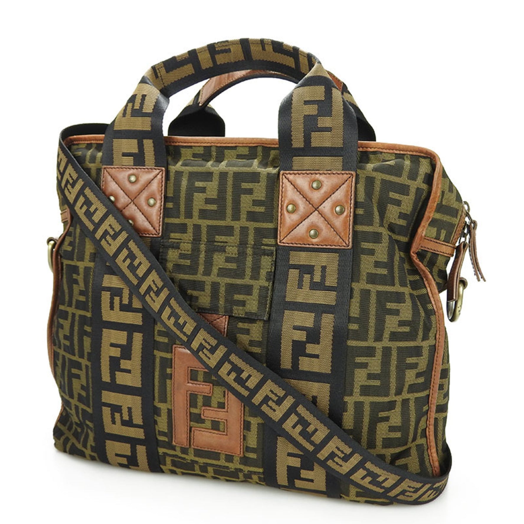 FENDI handbag zucca shoulder nylon leather gold hardware hand bag canvas brown