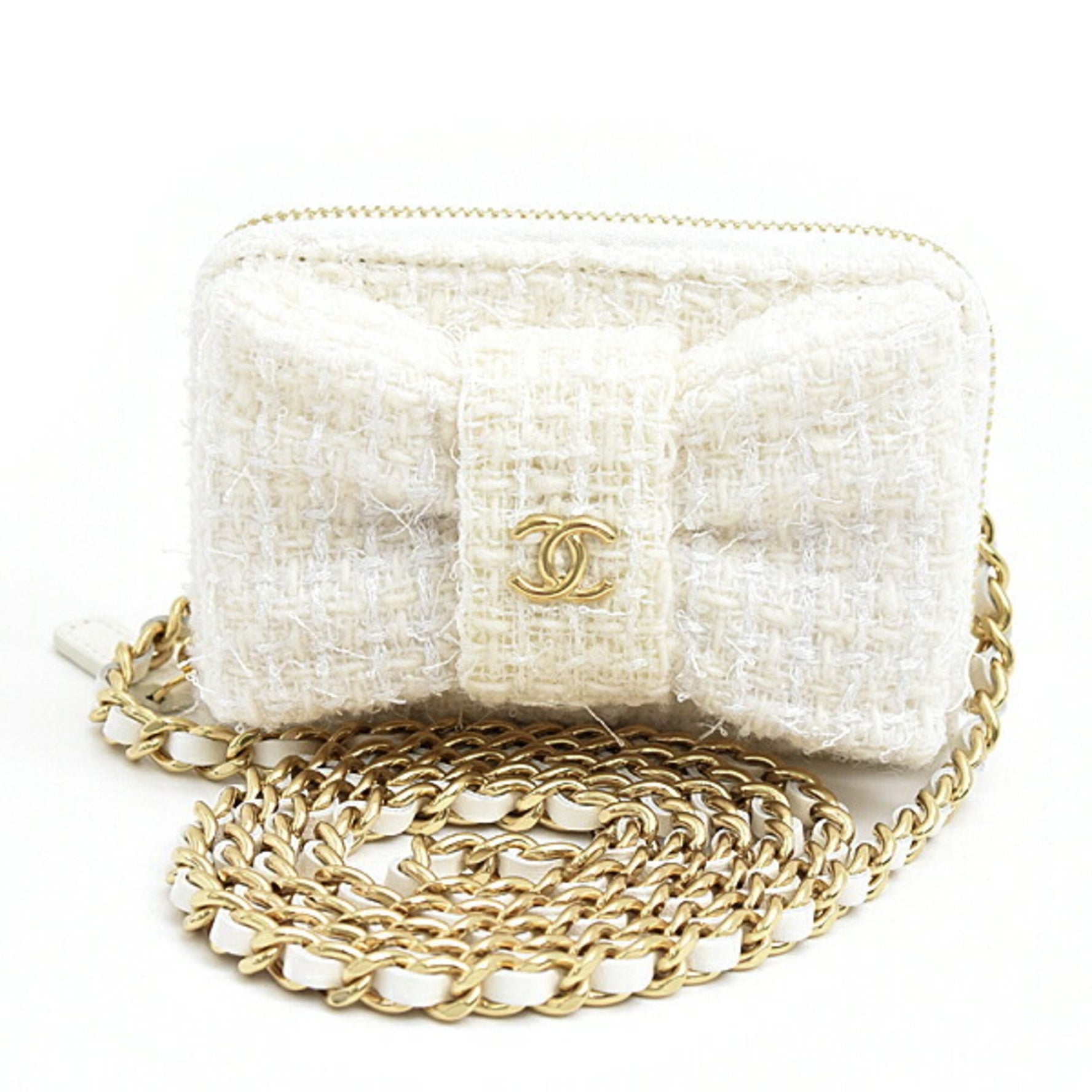 Chanel Matelasse Ribbon Chain Shoulder Business Card Holder/Card Case Wallet/Coin Tweed