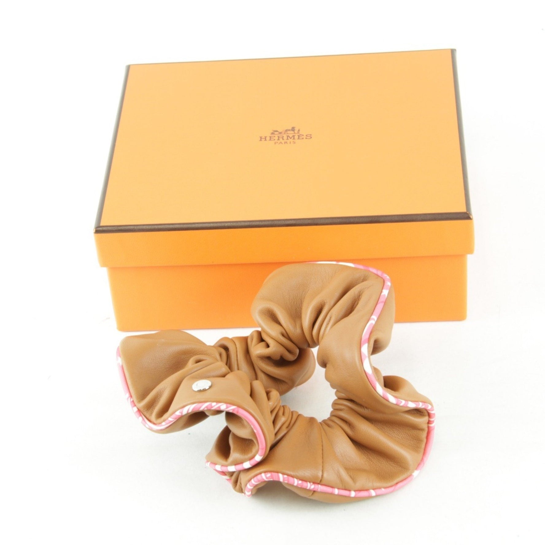 HERMES Claudia Scrunchie Gold Rose Azalee Hair Leather