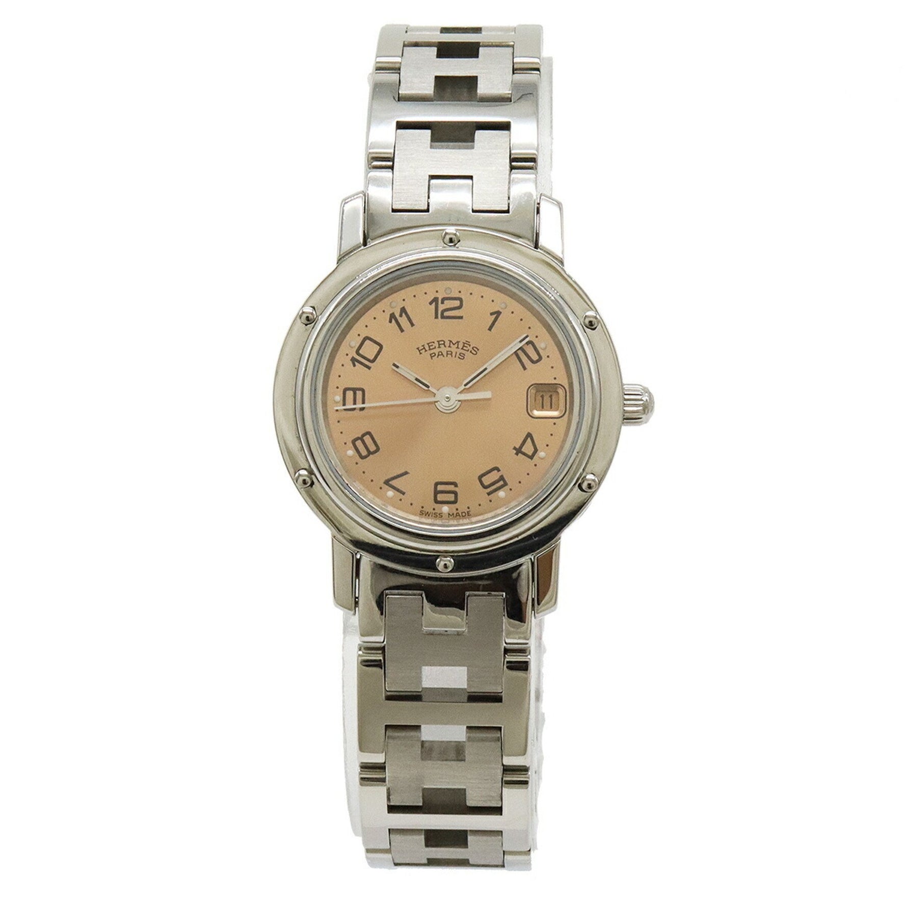 HERMES Clipper Date Pink Dial SS Ladies Quartz Watch