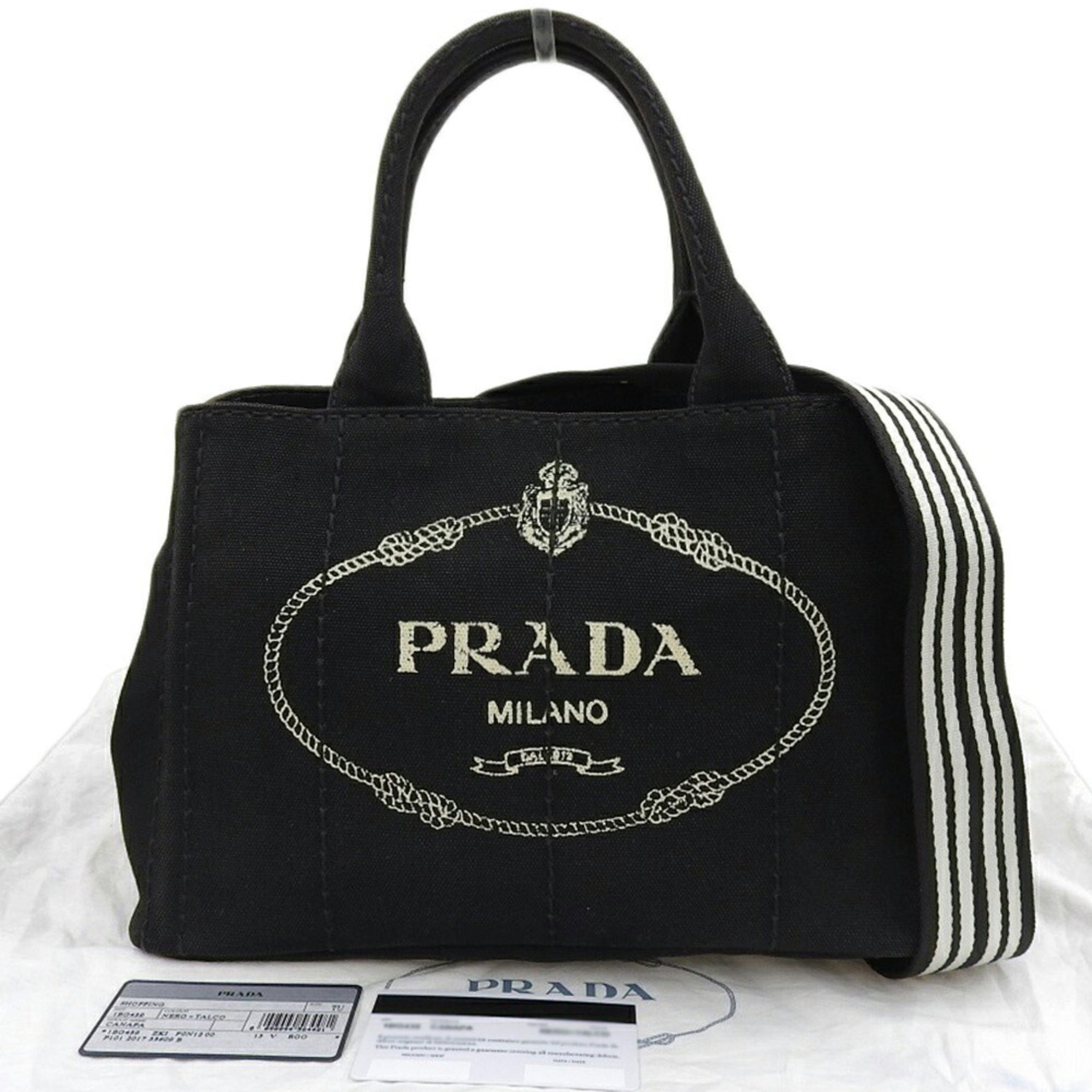 PRADA Canapa Tote Bag Handbag Canvas Medium Stripe