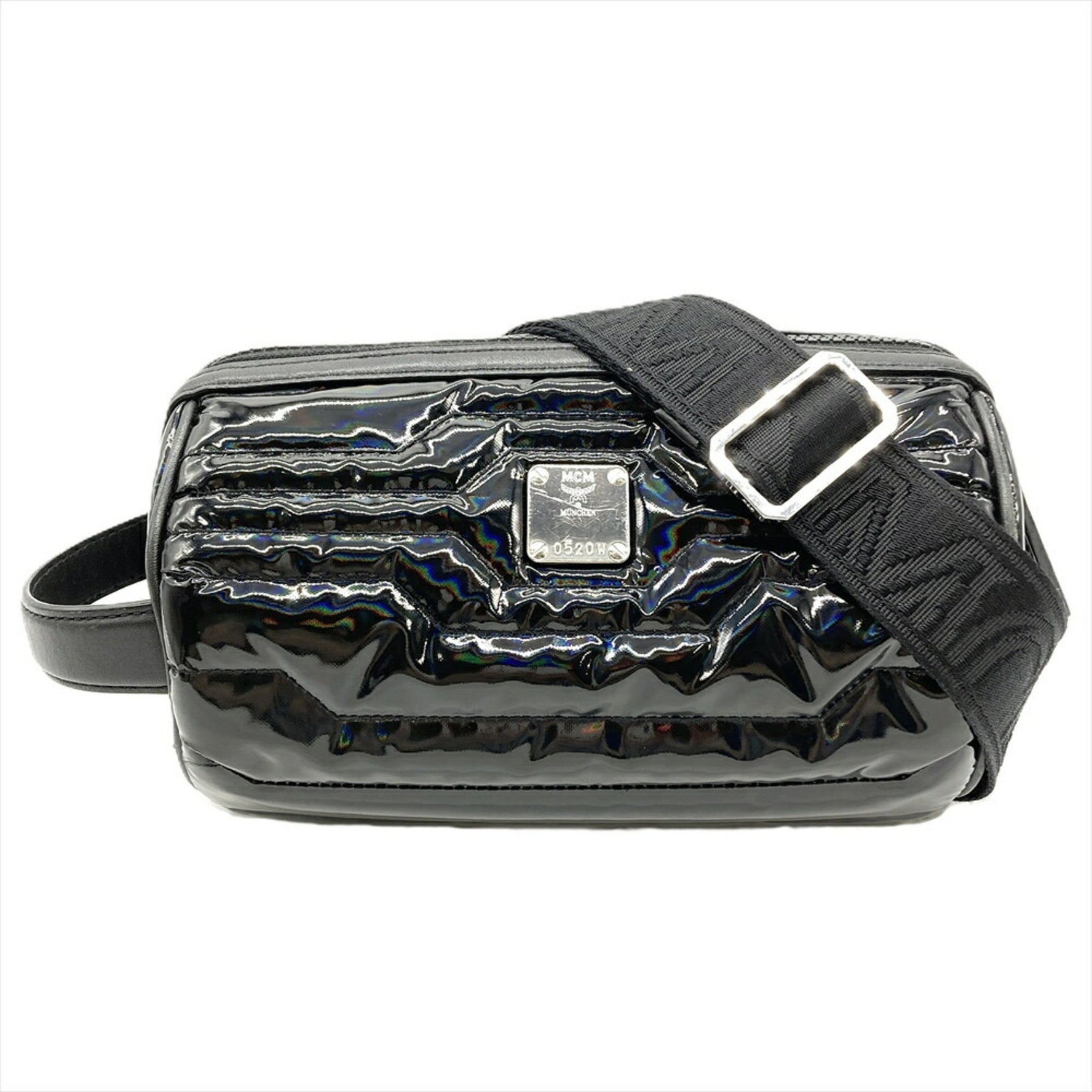 MCM Shoulder Bag Black Enamel Metallic Quilted Cylindrical