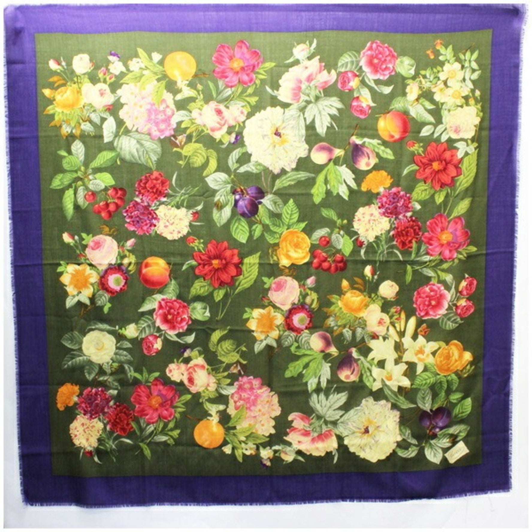 Gucci Old Large Stole Shawl Khaki x Purple Flora Pattern Ladies Fruit