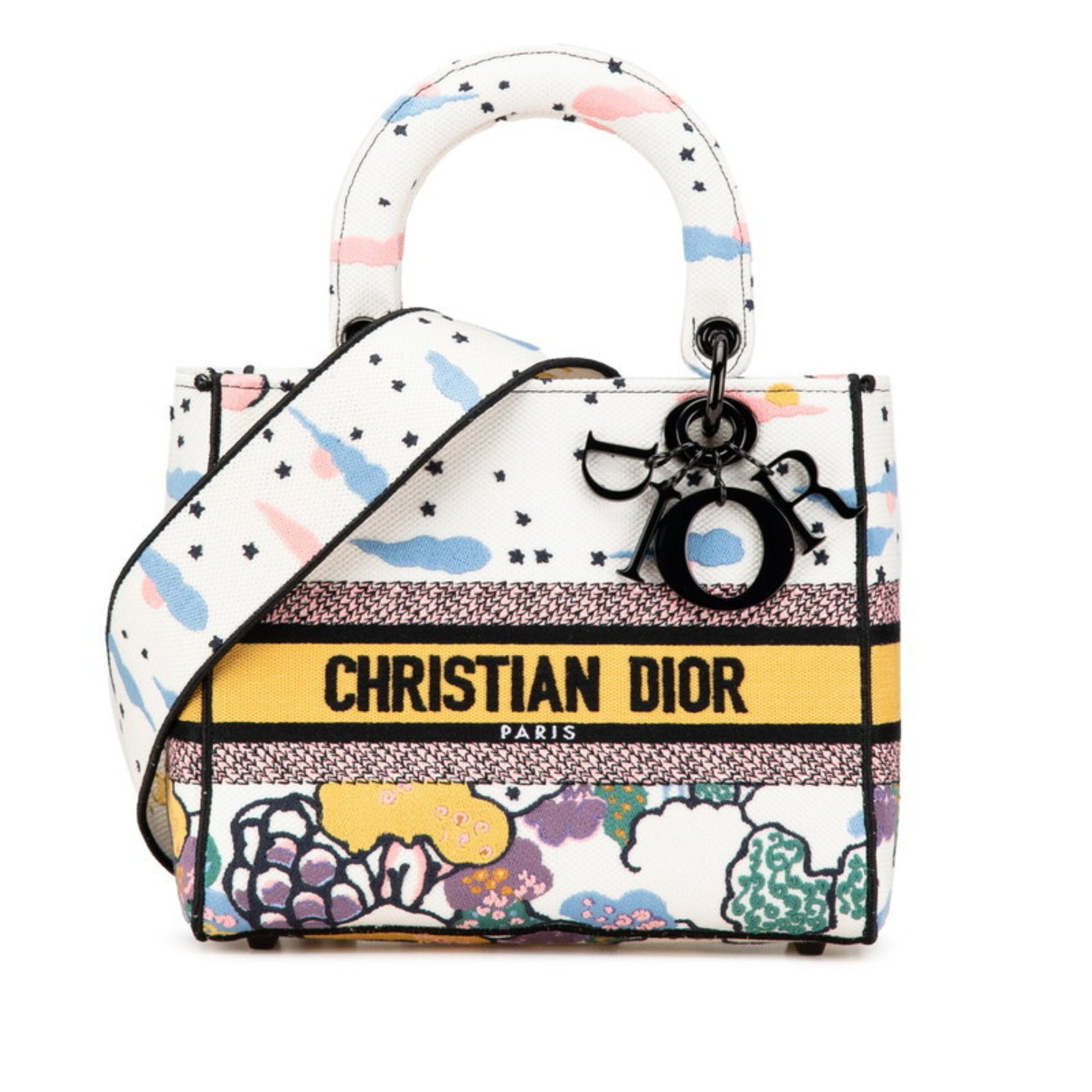 Christian Dior Dior Lady D-Lite Medium Handbag Shoulder Bag White Multicolor Canvas
