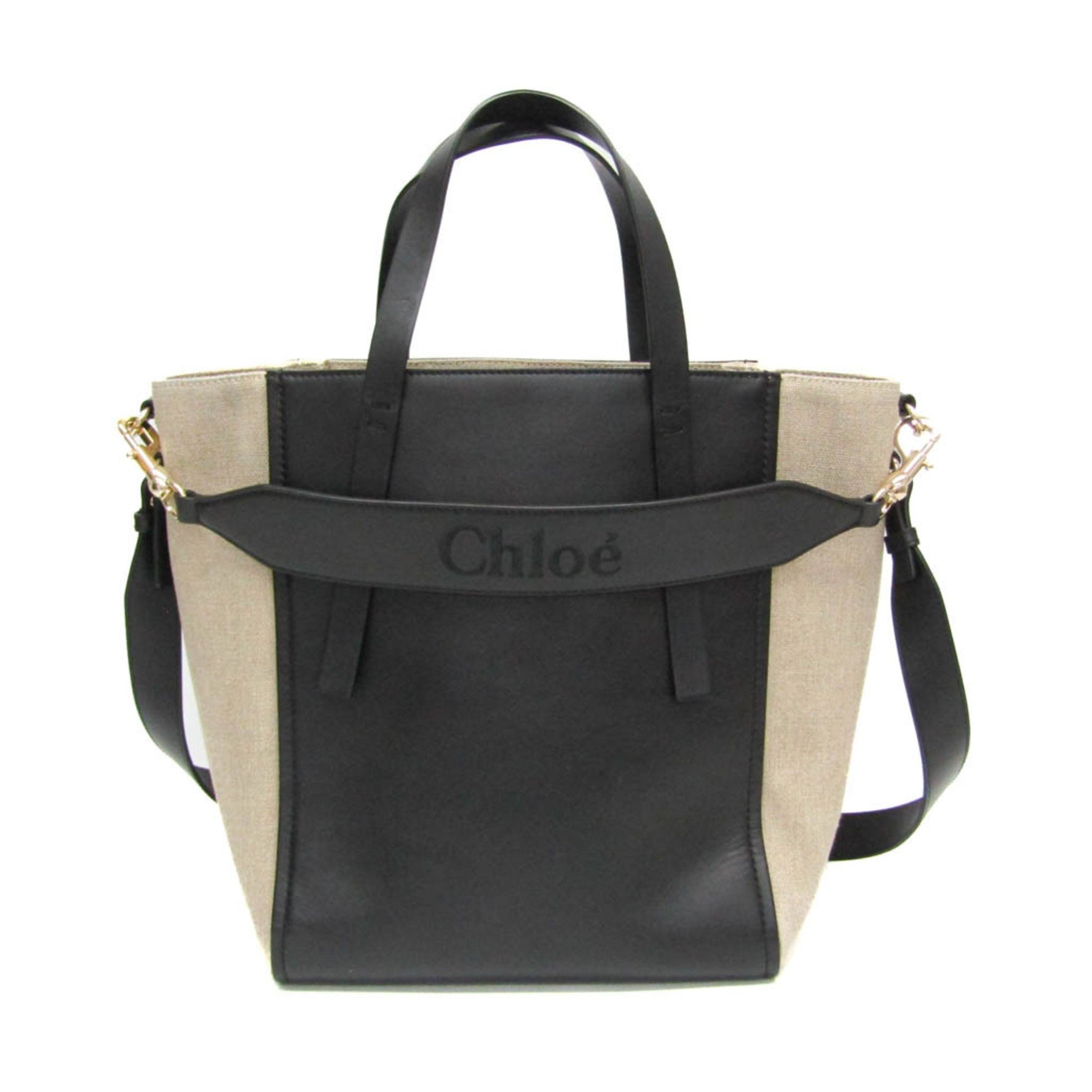 Chloé Chloe SENSE Medium Tote Bag Leather,Linen Shoulder Bag,Tote Bag Black,Light Beige