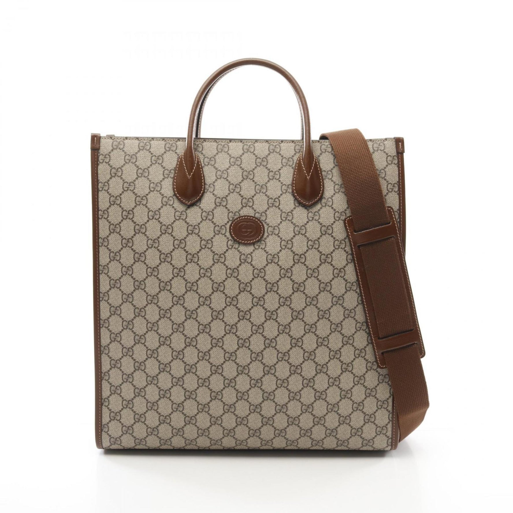 Gucci Interlocking G Medium Tote GG Supreme Bag Coated Canvas Leather Men's Beige Brown