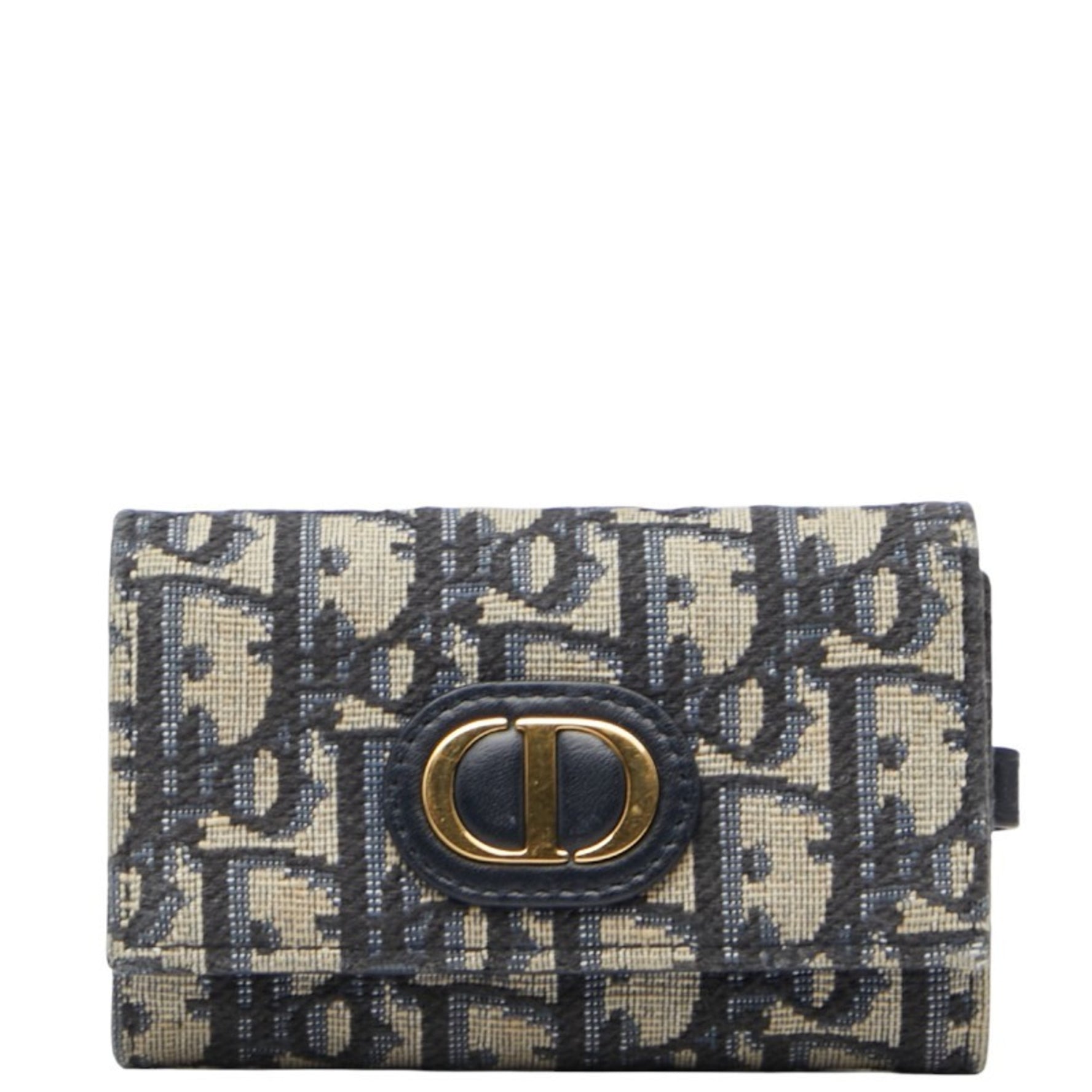 Christian Dior Dior Oblique key case in beige and navy canvas leather.