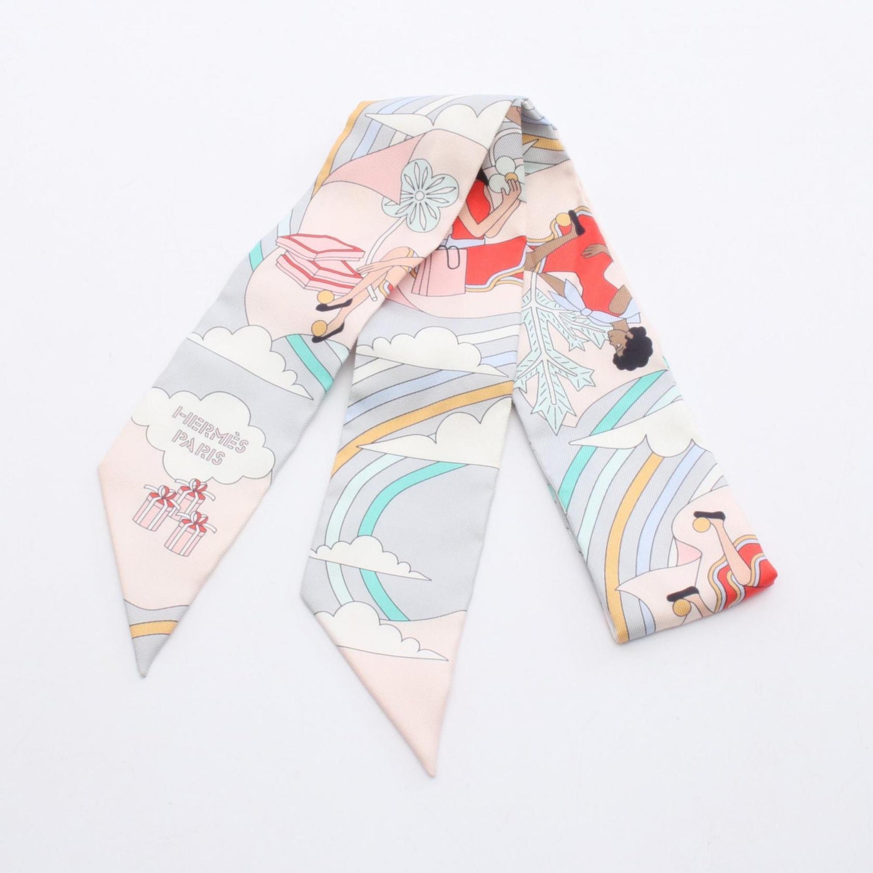 Hermes Hermès Twilly Carres Volants Silk Scarf in Gray, White, and Multicolor