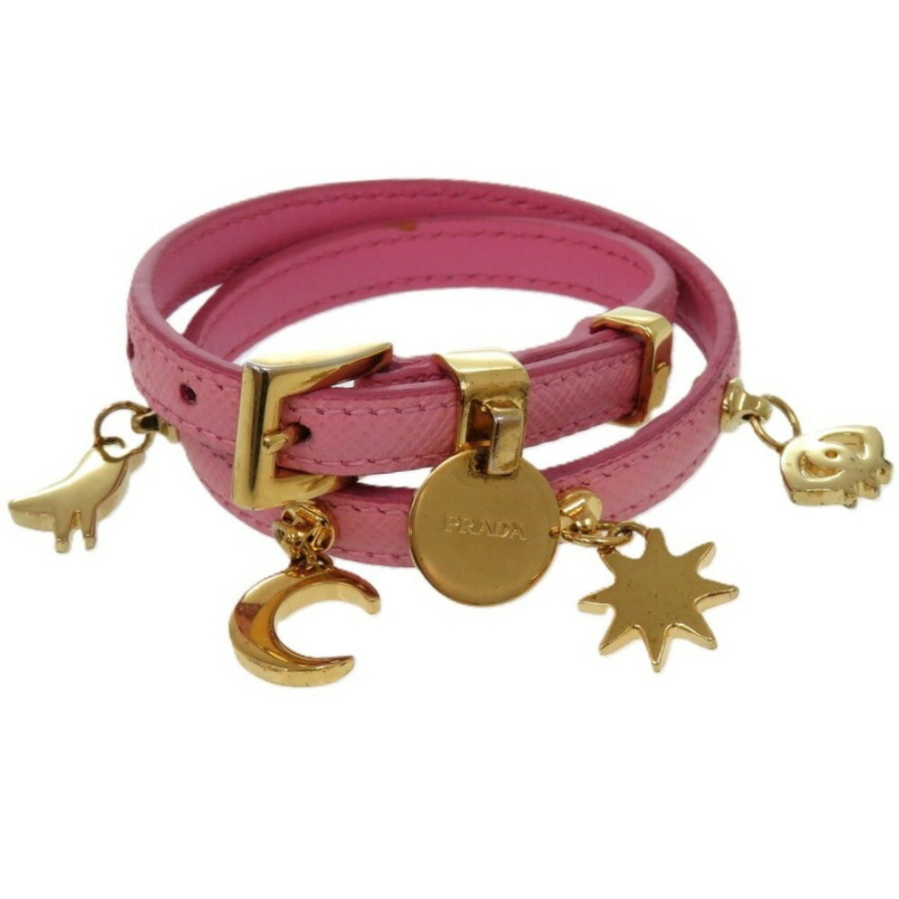 Prada Bird, Moon, Star, and Eye Leather Pink Bracelet