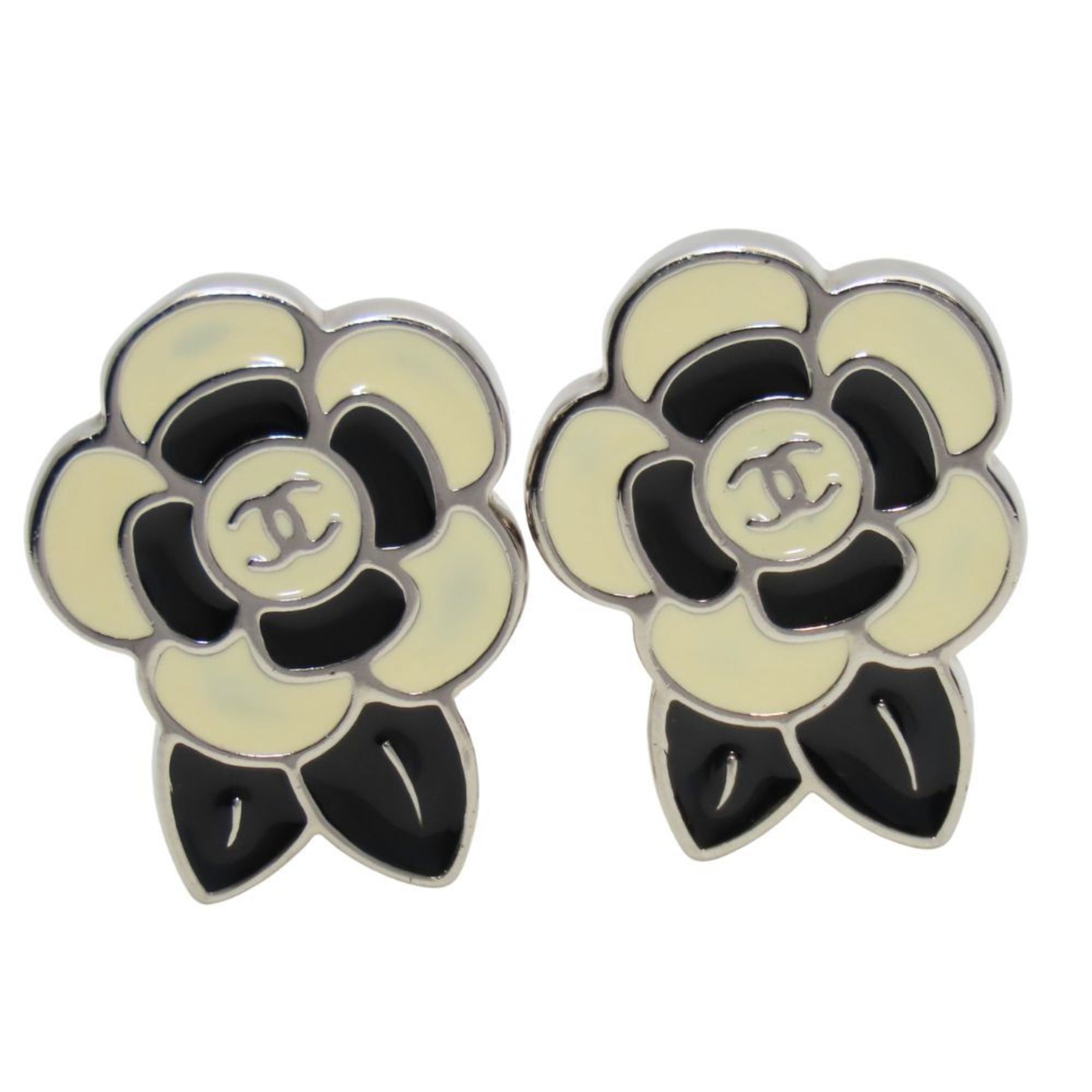 Chanel Earrings Coco Mark Metal Silver Black Cream Camellia