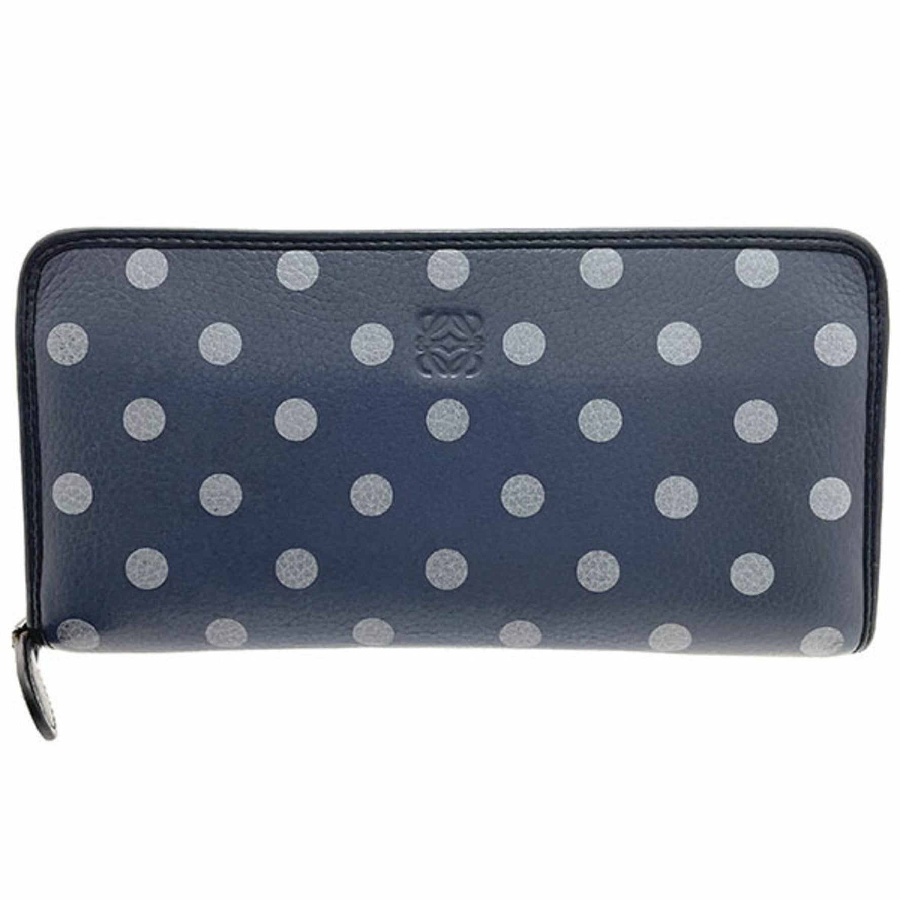 LOEWE Long Wallet Cruz Zip Around Calfskin Blue Gray Light Navy Leather Polka Dot Anagram Round CRUZ