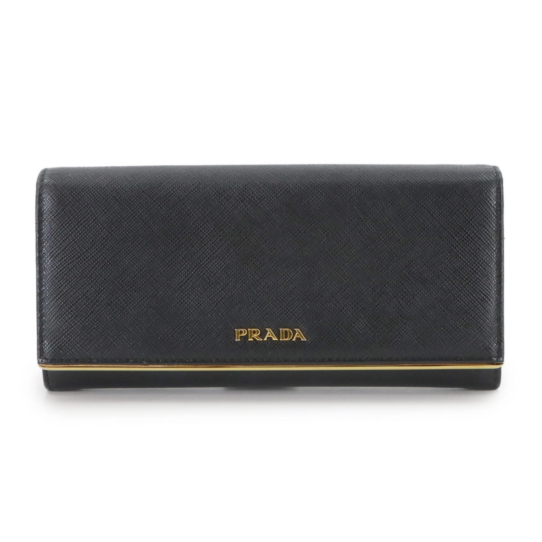 Prada PRADA Bifold Long Wallet, Saffiano Leather, Black, 1MH132, Metal Lines, Gold Hardware