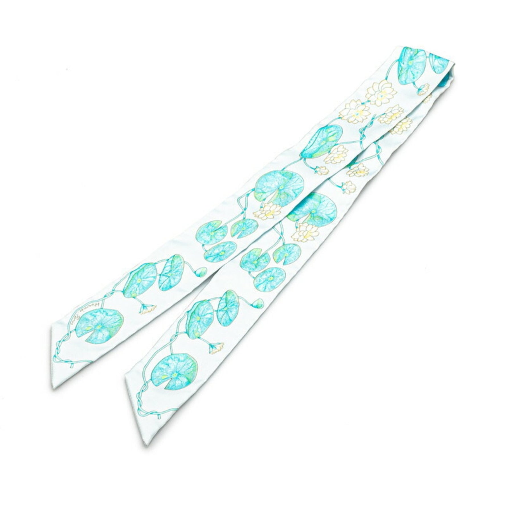 Hermes Twilly Lotus Flower Scarf Muffler Light Blue White Multicolor Silk