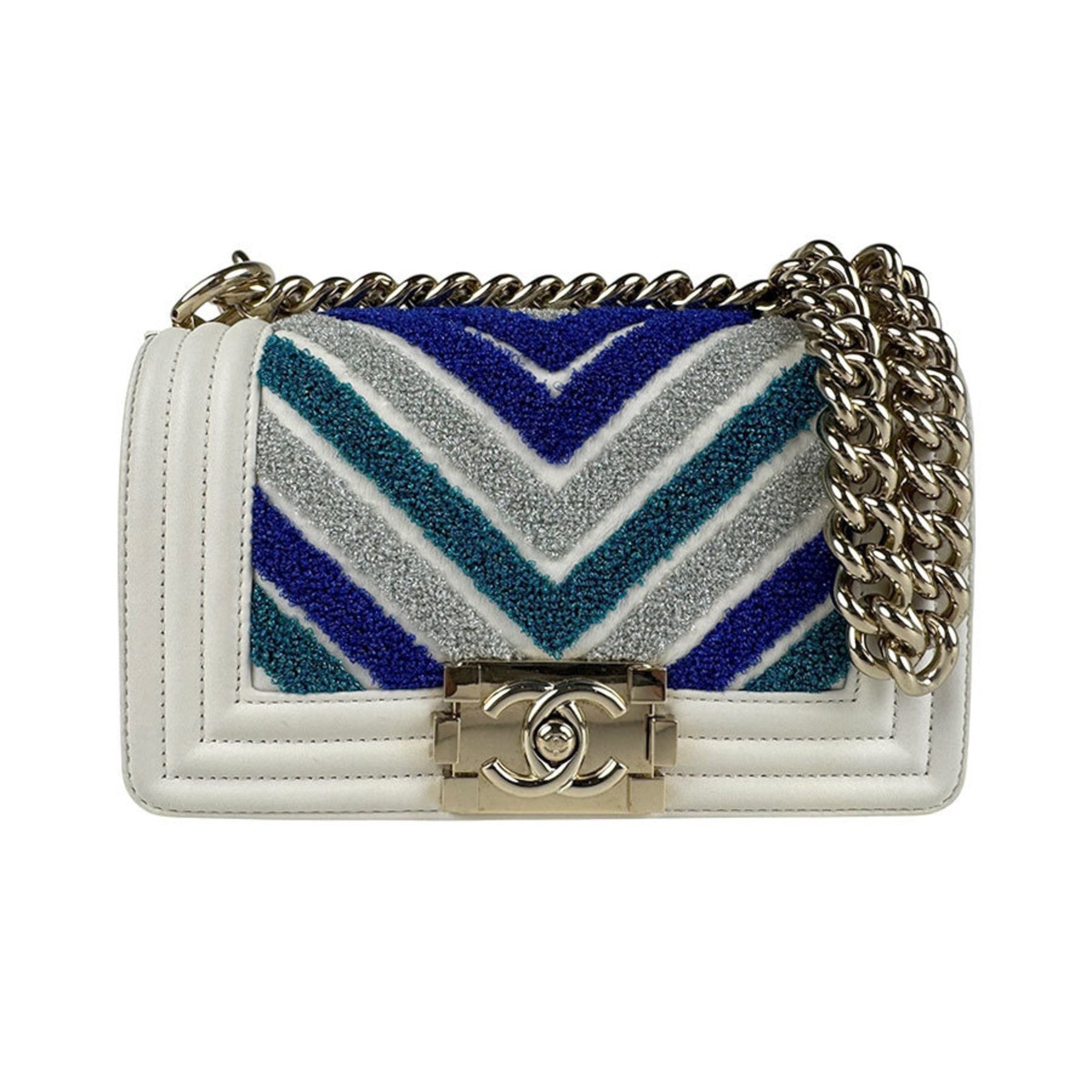 CHANEL Boy Leather Shoulder Bag, Ivory, Blue, Silver, Gold
