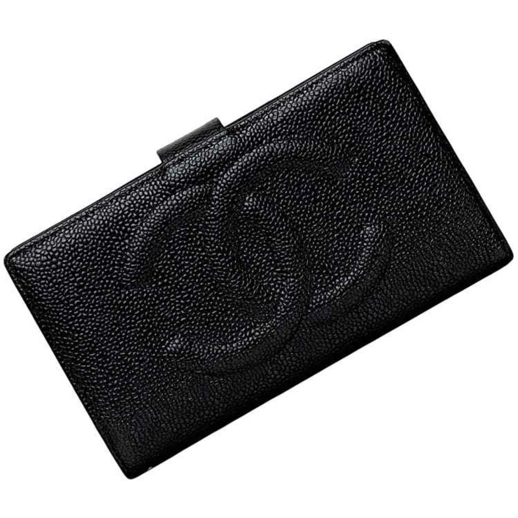 Chanel Bi-fold Long Wallet Leather Caviar Skin Series Coco Mark Clasp Folding