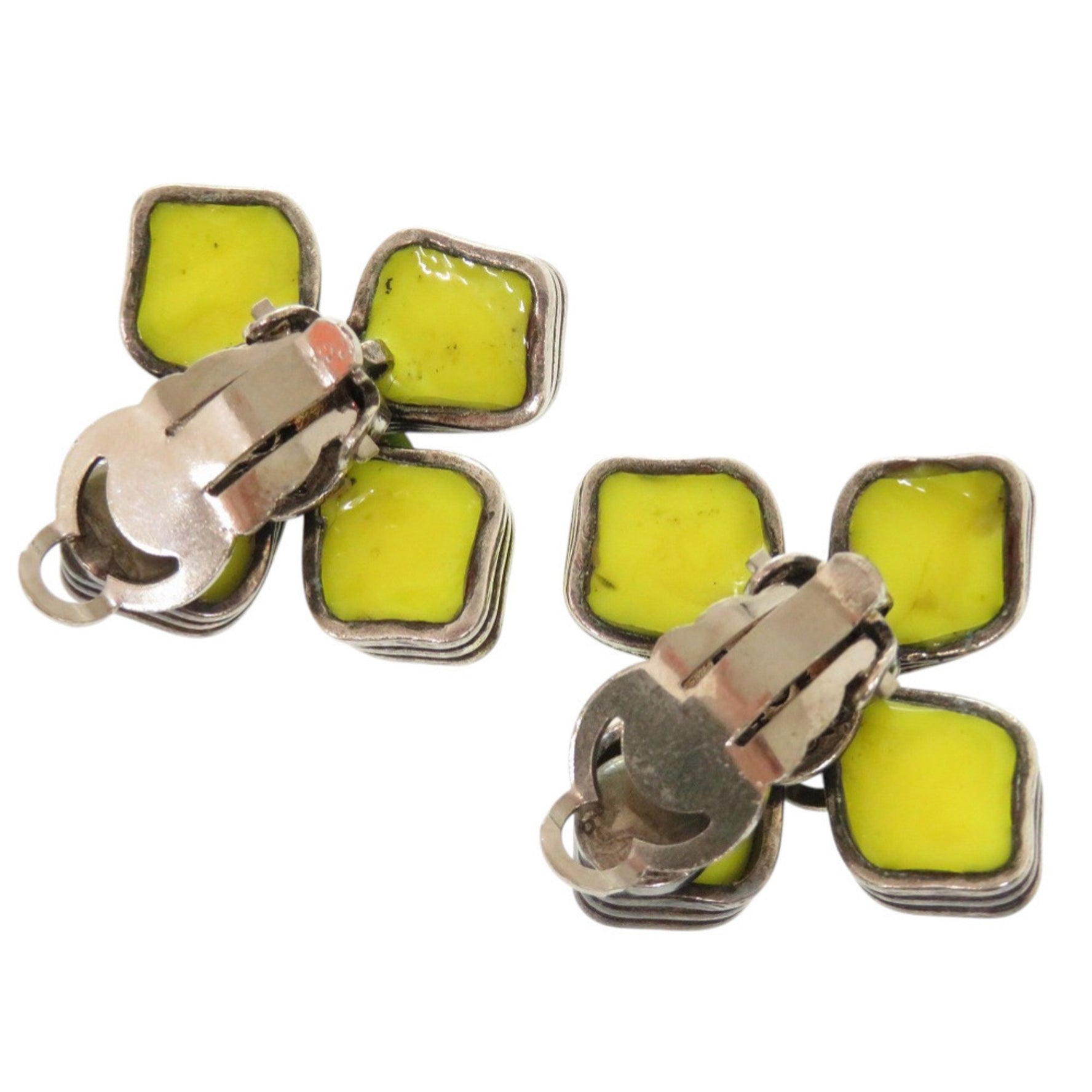 Chanel Coco Mark Flower Motif Metal/Stone Yellow Earrings 0149 Accessories