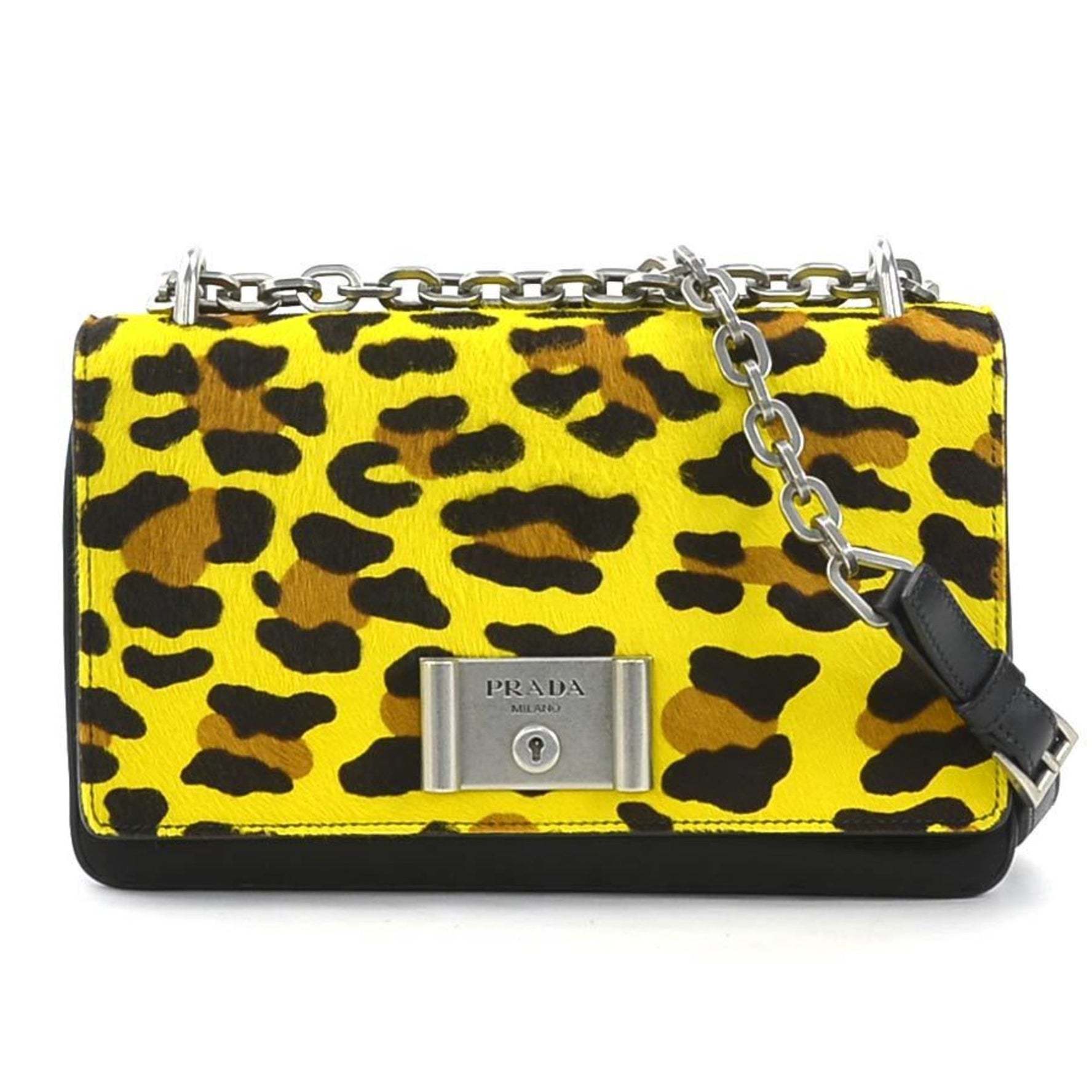 Prada Shoulder Bag Leopard Print Pony Nylon Yellow Brown Black Silver