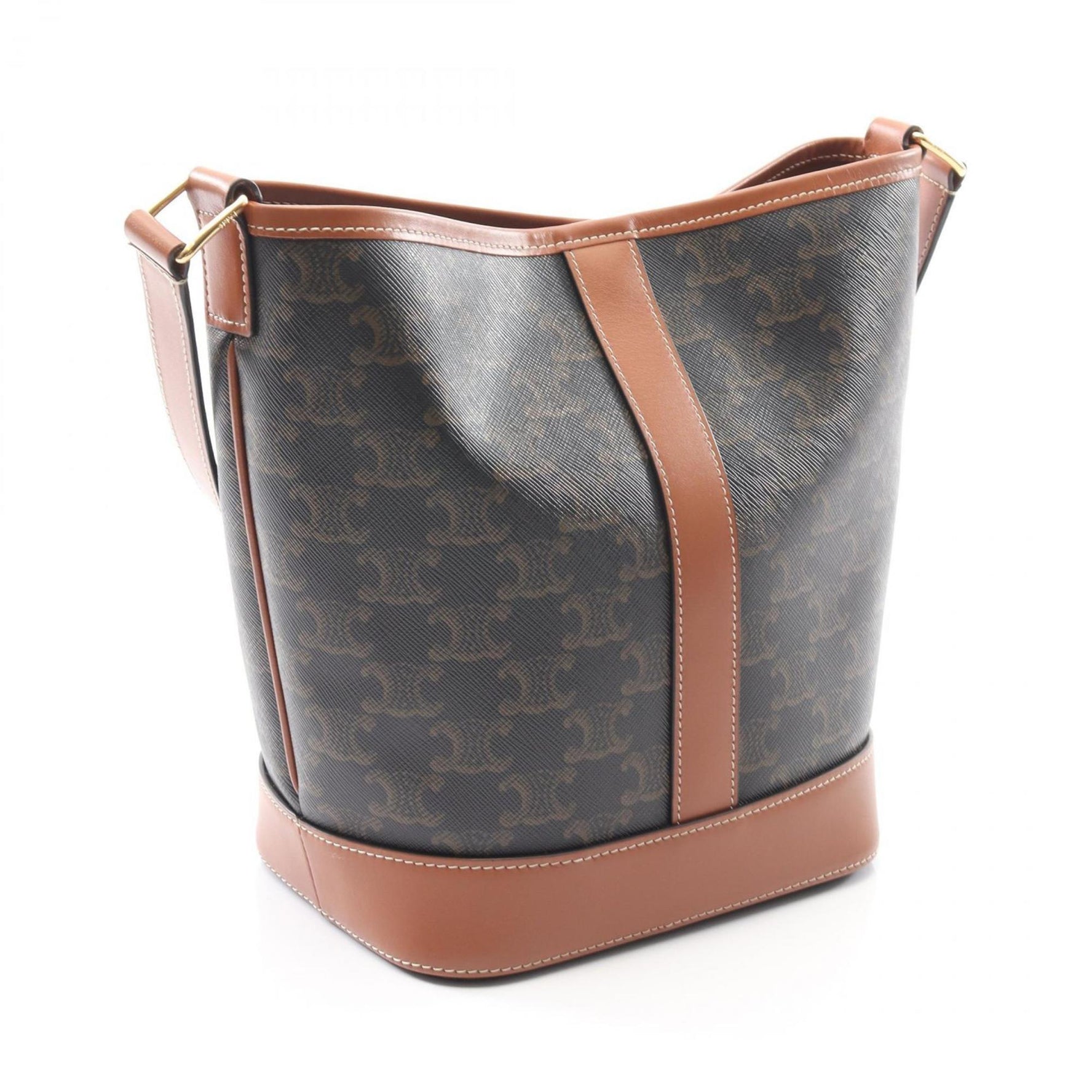 Celine Small Bucket Triomphe Shoulder Bag in Coated Canvas and Leather, Black Brown