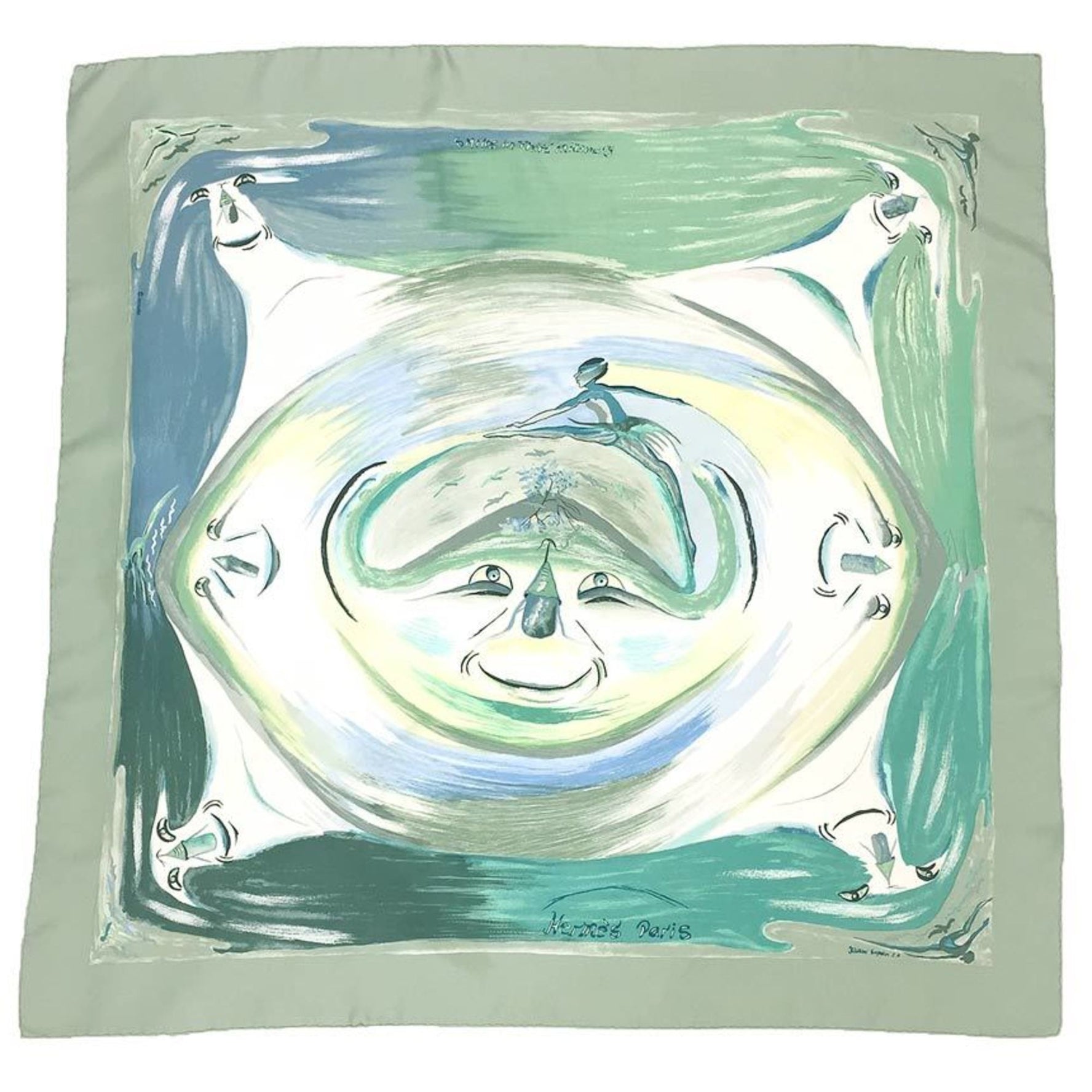 HERMES Carre 90 Scarf Muffler Smiles in the Third millenary Ballerina/Smile 100% Silk Green