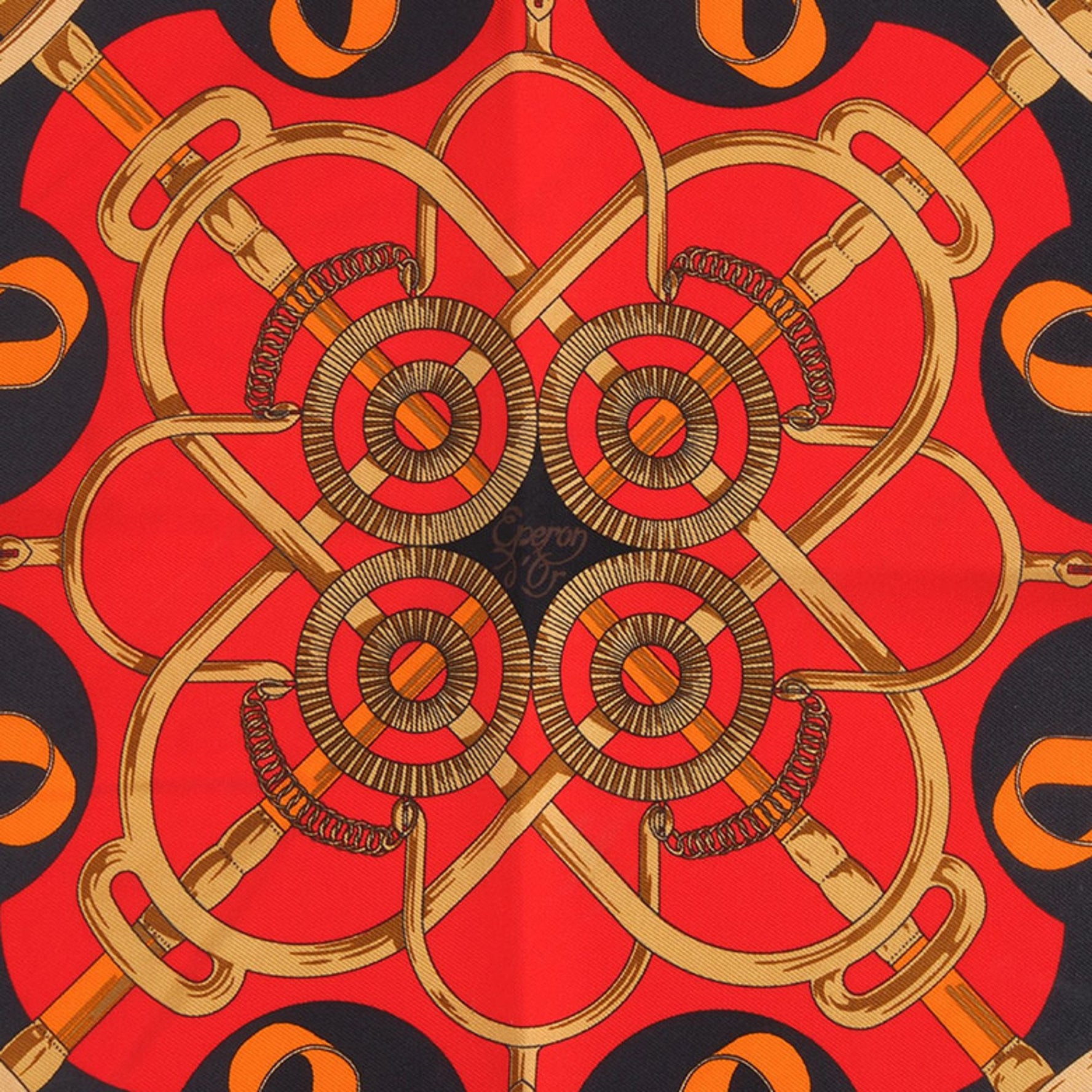Hermes Carre 45 Petit Golden Spur Eperon Dor Scarf Muffler 100% Silk Red Black