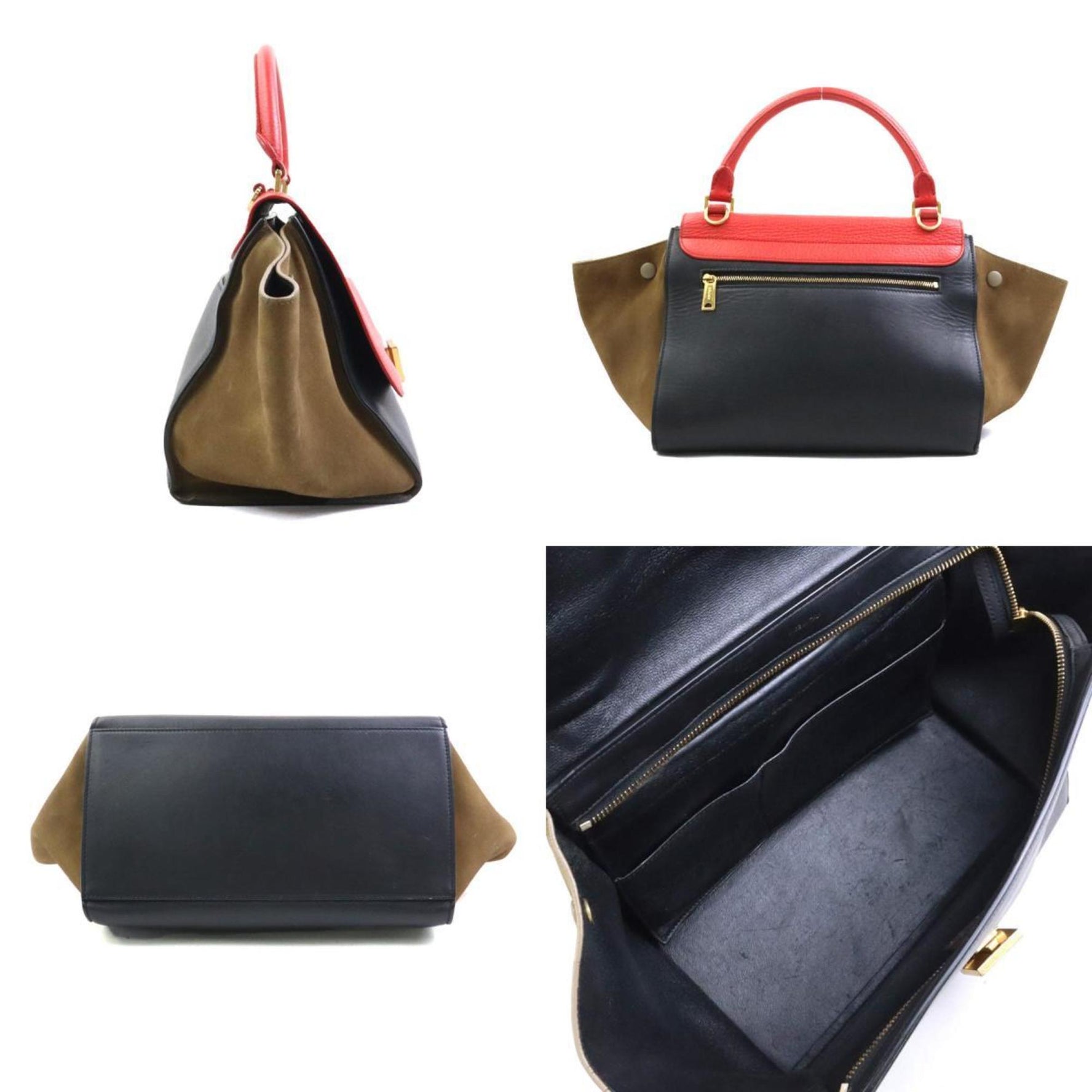 Celine Trapeze Shoulder Bag in Leather and Suede, Red, Black, Khaki