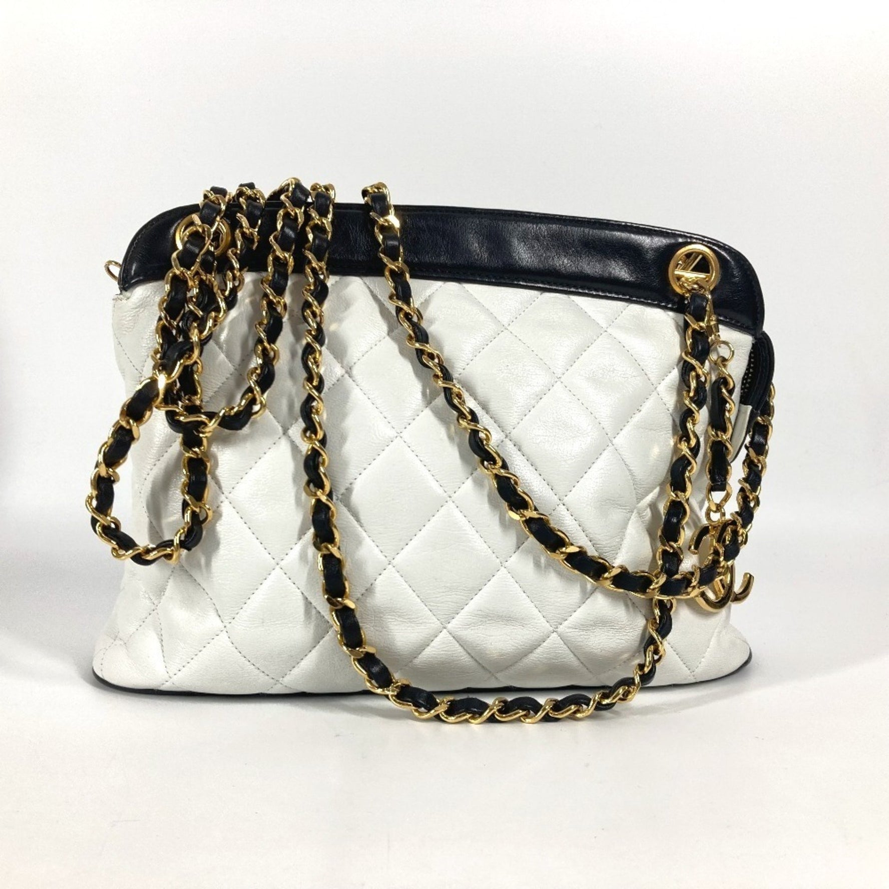 CHANEL Vintage Bicolor CC Coco Mark Double Chain Shoulder Bag Leather White