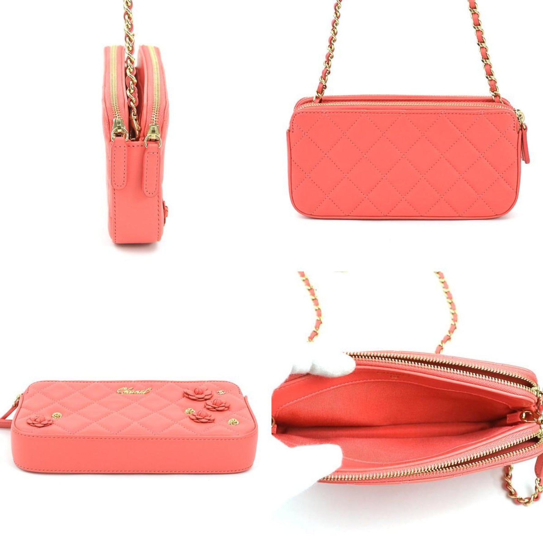 CHANEL Wallet Chain Shoulder Bag Matelasse Camellia Leather Gold