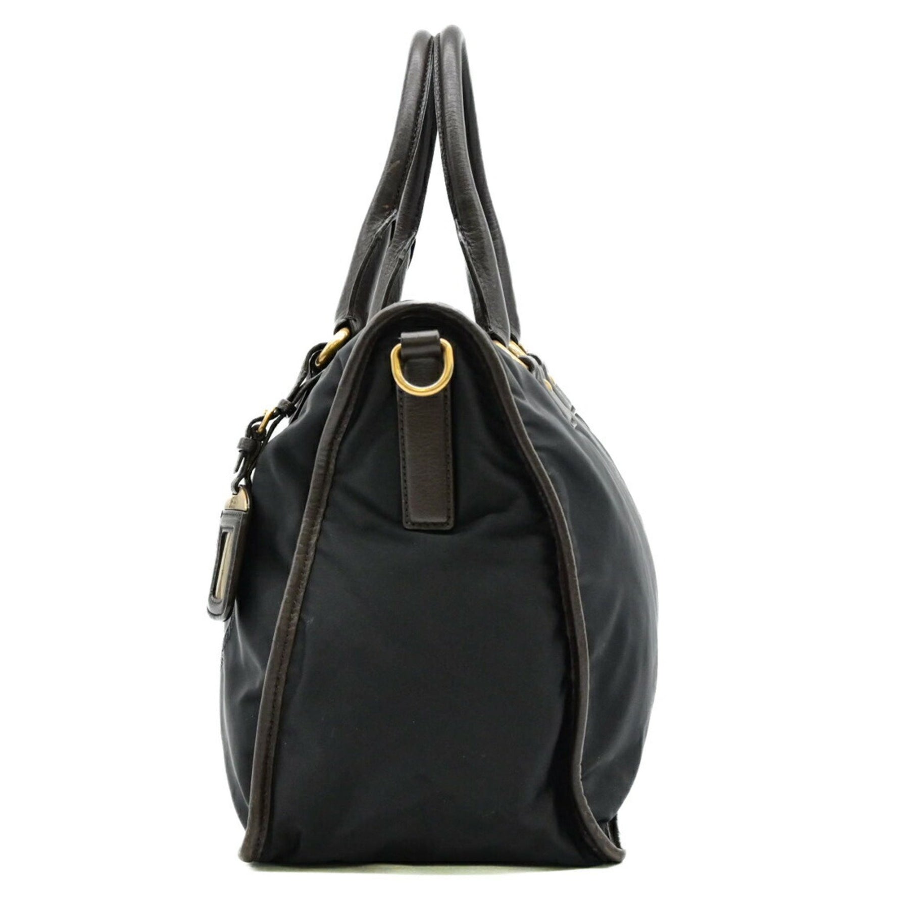 PRADA Jacquard Triangle Plate Shoulder Handbag Tote Nylon Brown