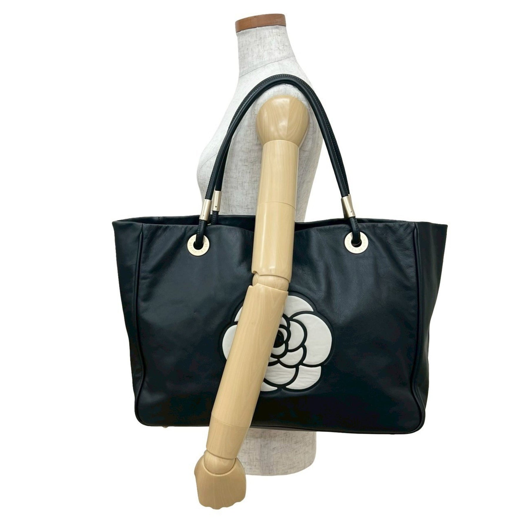 CHANEL Camellia Coco Mark Logo Hardware Leather Tote Bag/Semi-Shoulder Bag Black 706-8