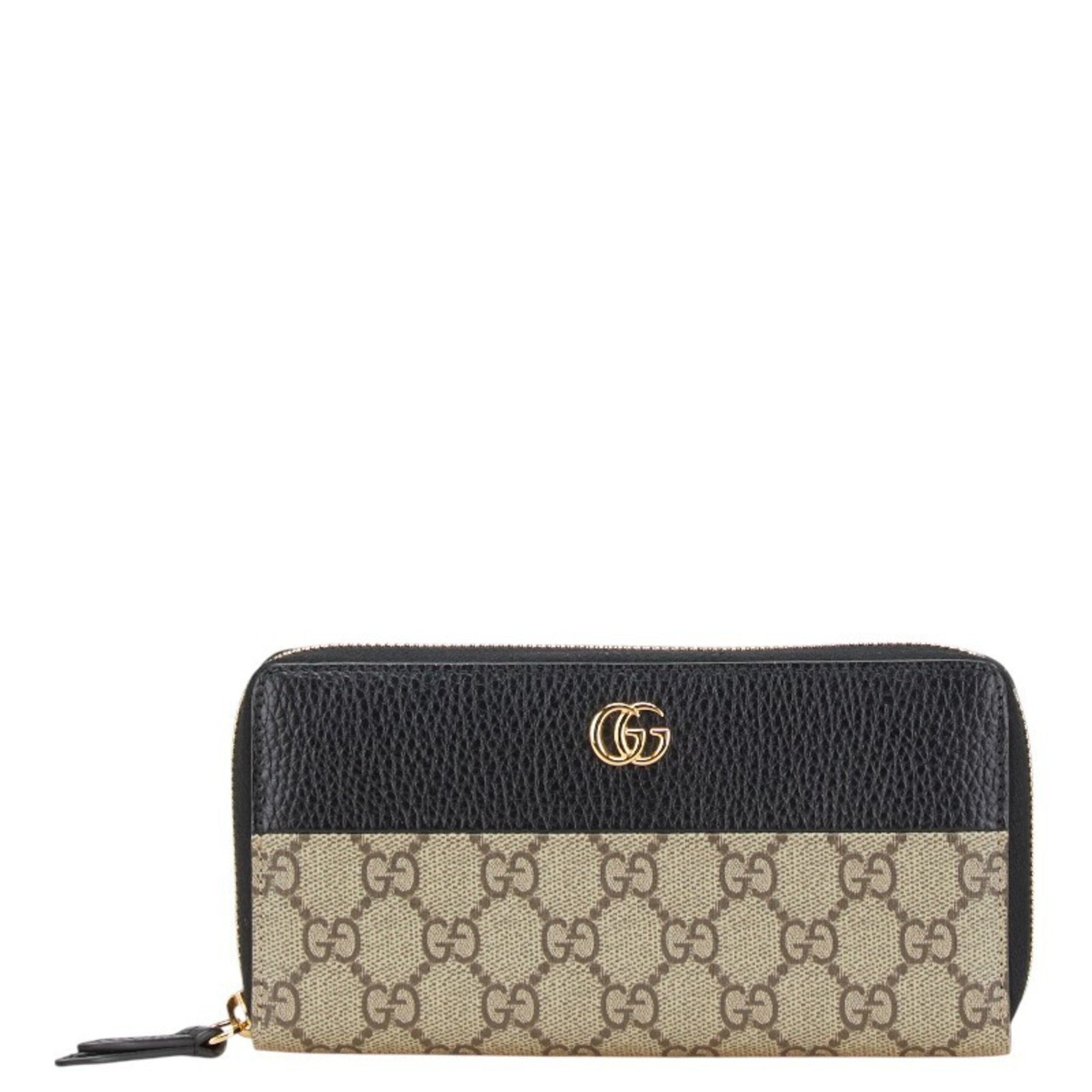 Gucci GG Supreme Double G Two-Tone Long Wallet with Round Zipper, Beige and Black Leather