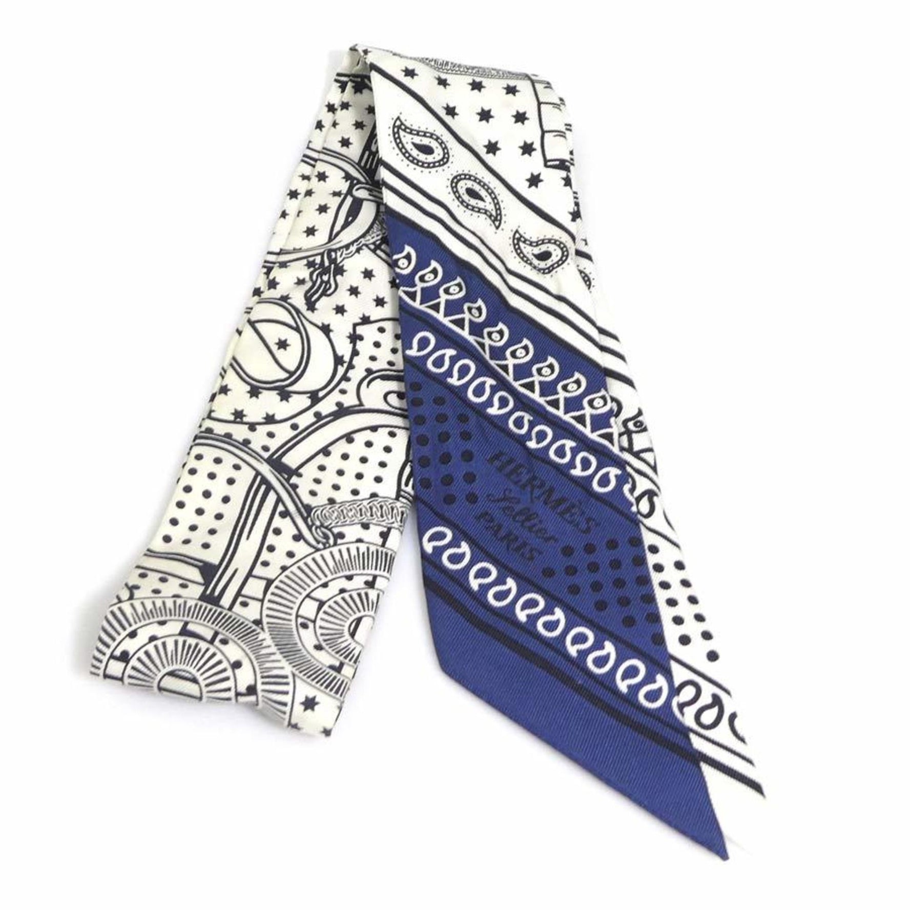 Hermes Hermès Twilly Silk Scarf/Muffler in White, Navy, and Black