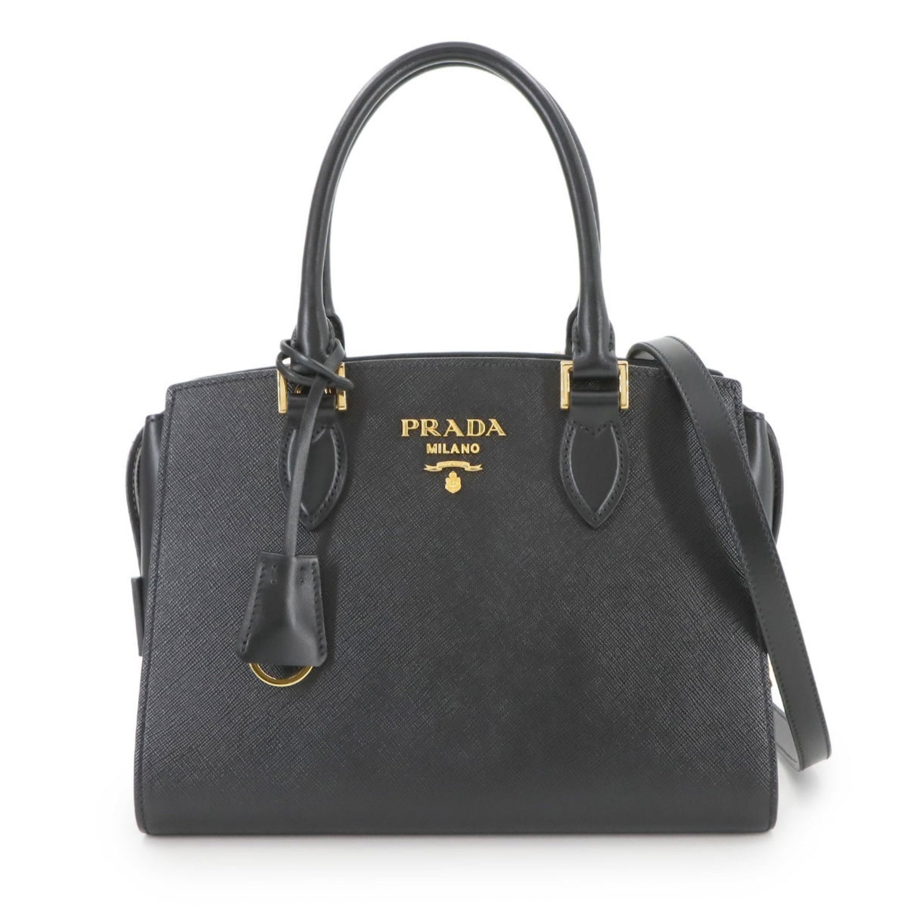 Prada Saffiano 2-way Hand Shoulder Bag in Nero Leather with Gold Hardware (1BA164)