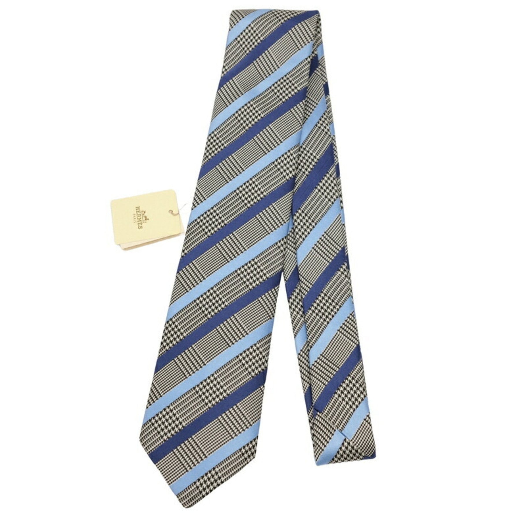 HERMES tie, 100% silk tweed stripes, blue and gray