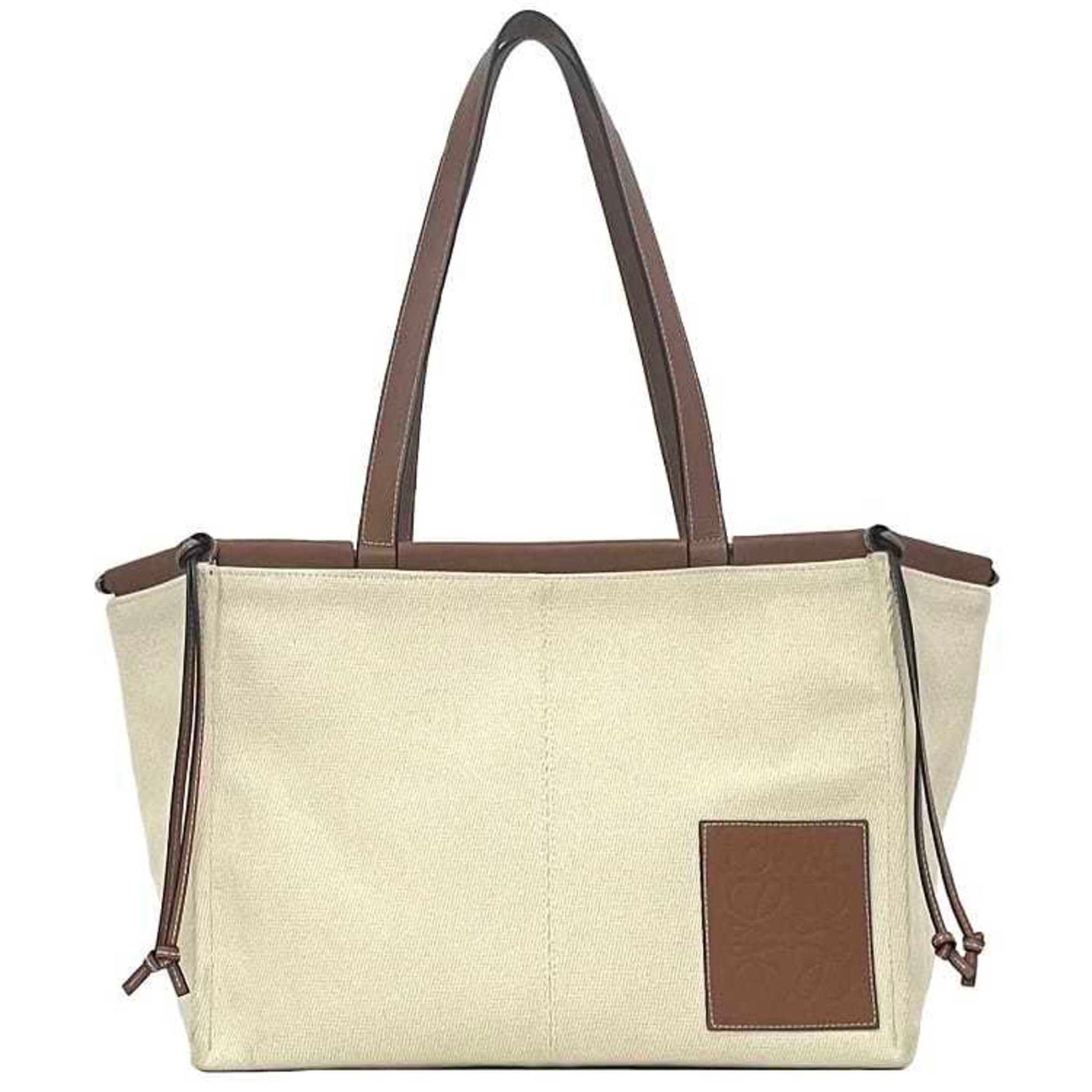 LOEWE Tote Bag Cushion White Brown Anagram Canvas Leather