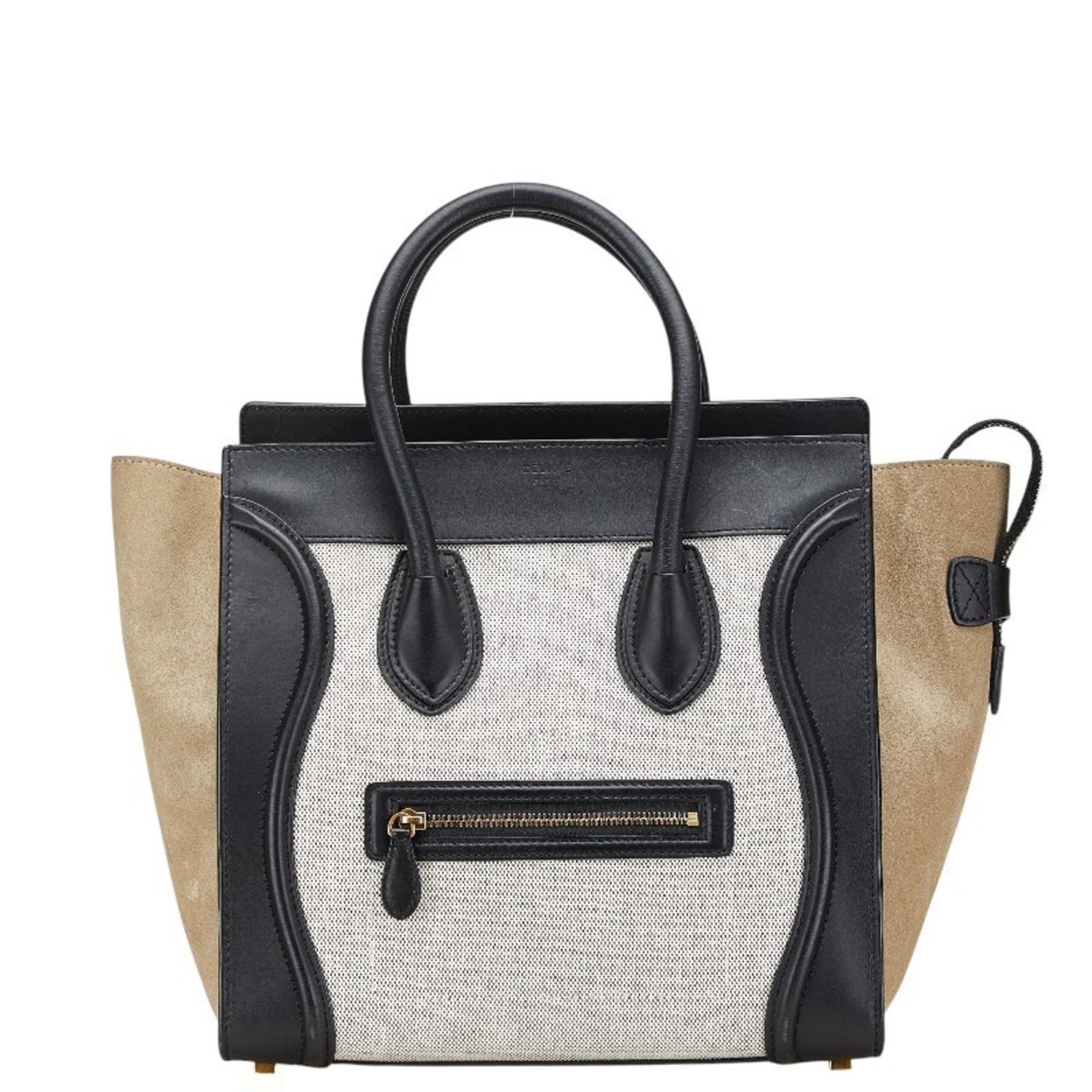 Celine Luggage Mini Shopper Handbag Black Greige White Leather Canvas Suede