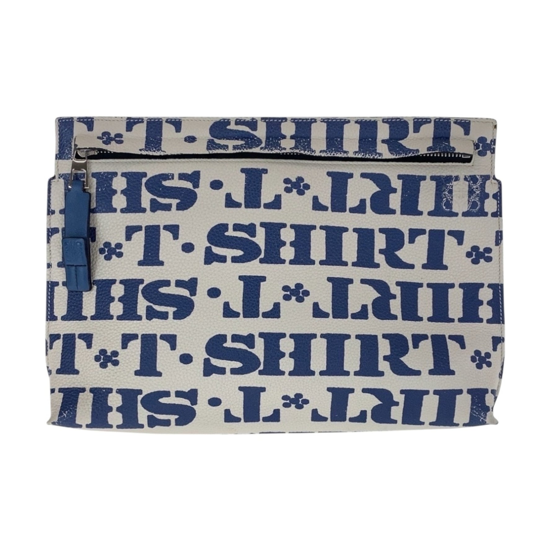 LOEWE T Pouch Blue White Silver Hardware Leather Clutch Bag Second