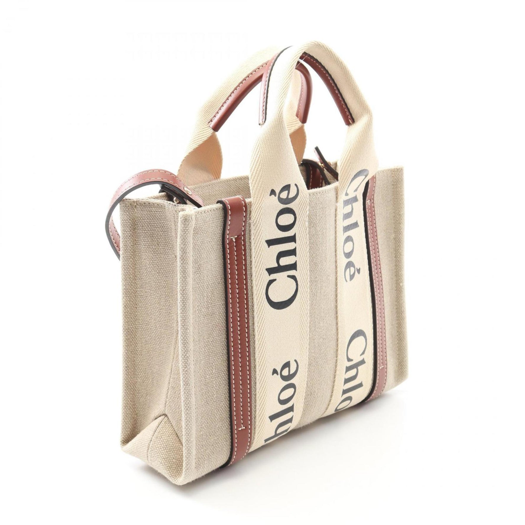 Chloé Chloe WOODY Small Handbag, Fabric and Leather, Beige Brown