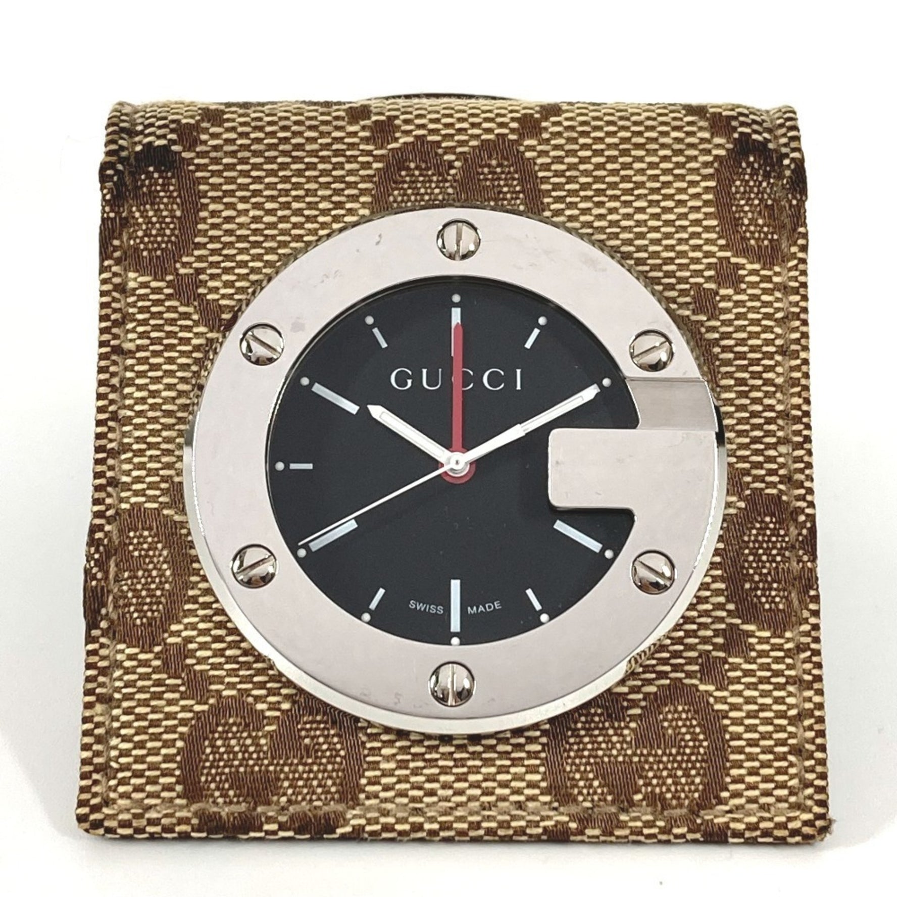 GUCCI GG Logo Travel Watch Interior Clock Table SS Canvas Men's Women's Beige