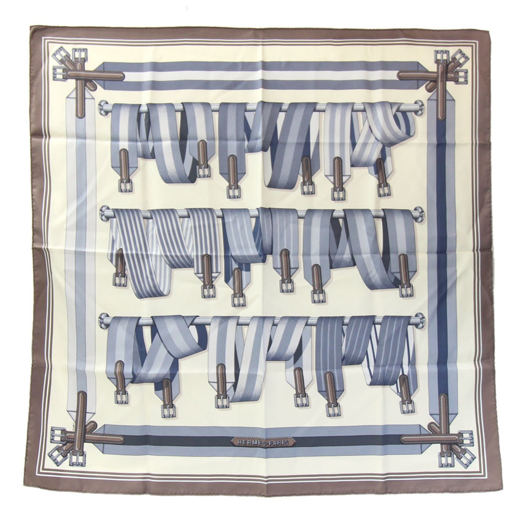 Hermes Carré 90 Scarf, Ivory/Greige, 100% Silk, Large Stole