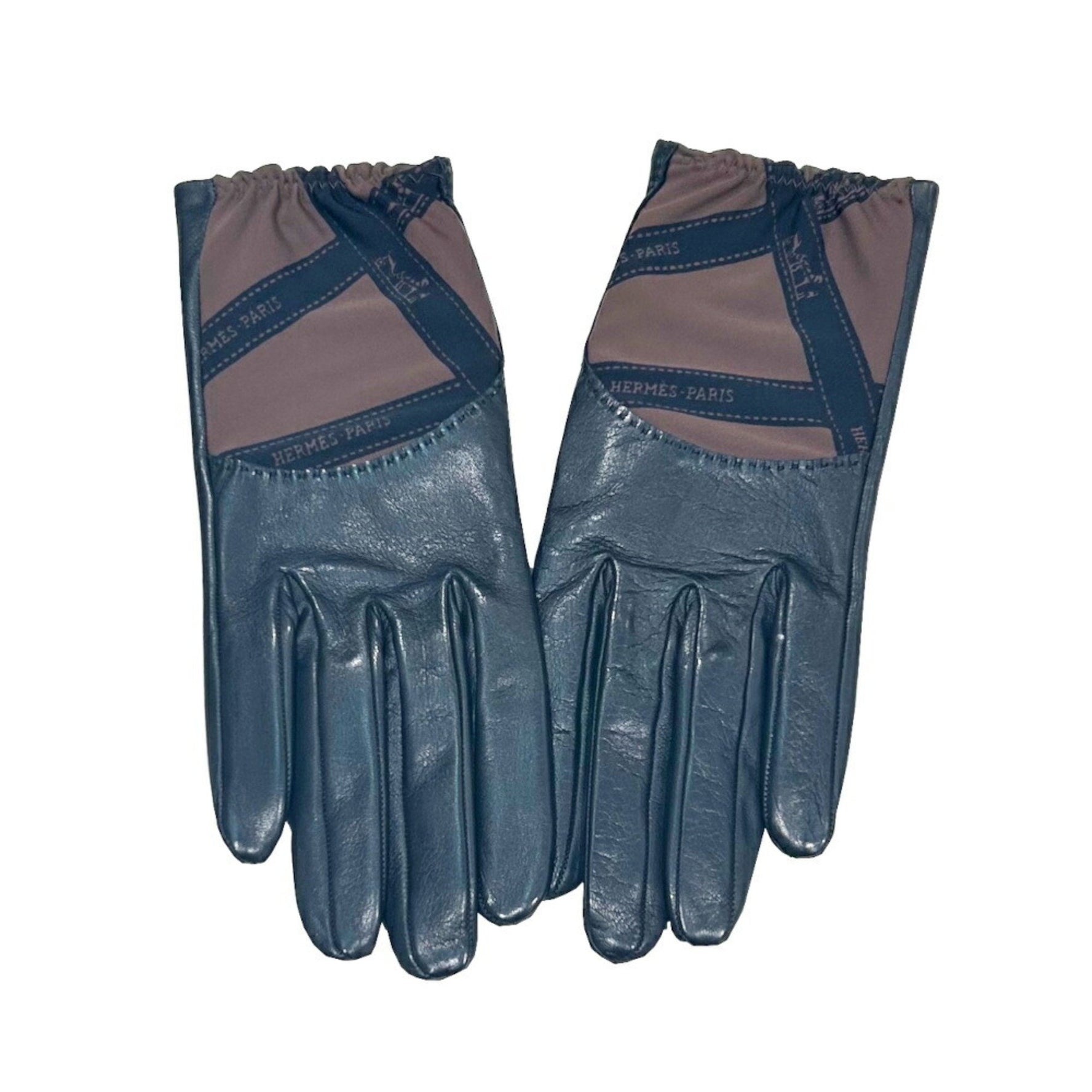 Hermes Gloves Black Brown Lambskin Silk Ribbon Pattern #8