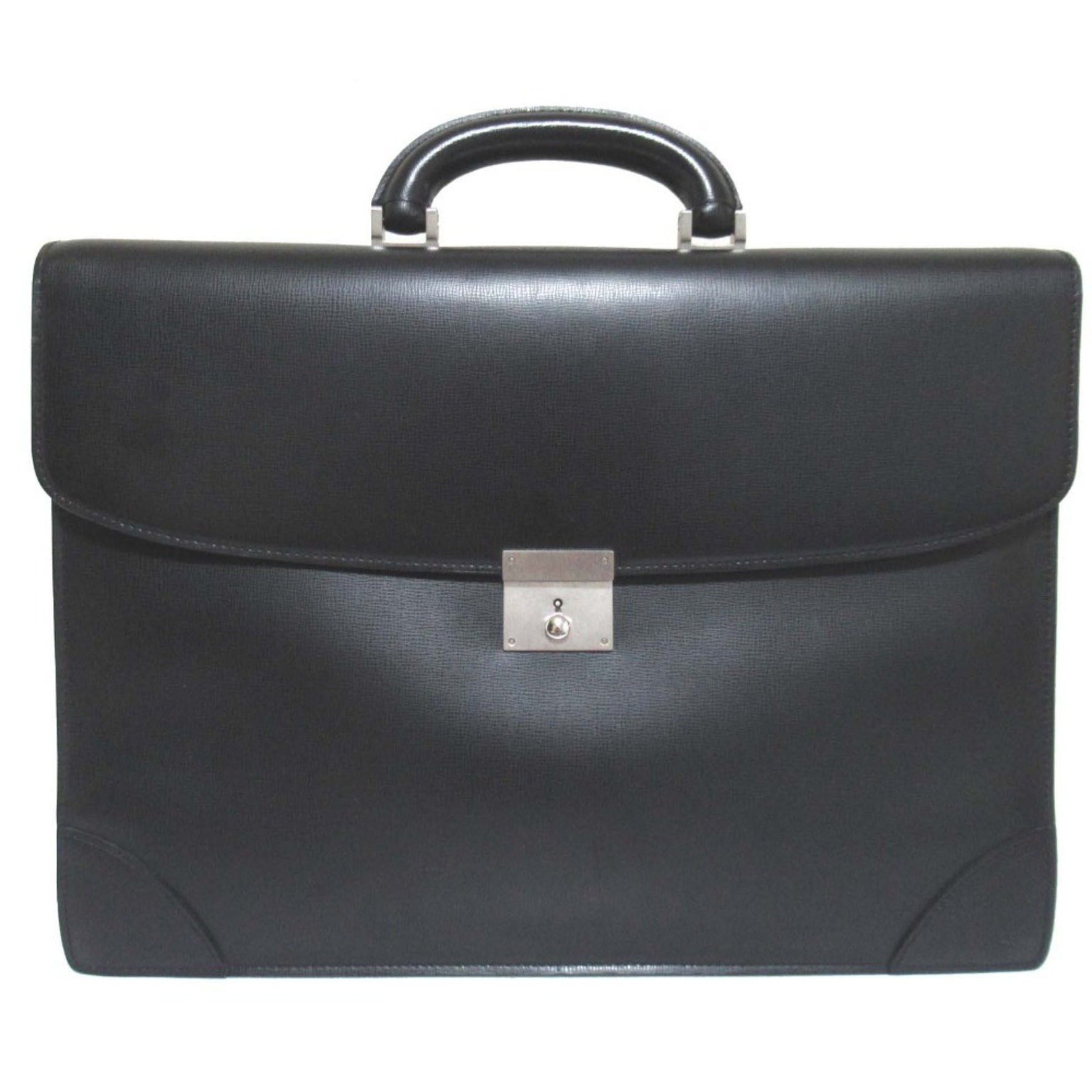 Valextra 3 Compartment Leather Briefcase Business Bag Document Black x Silver Hardware Men's