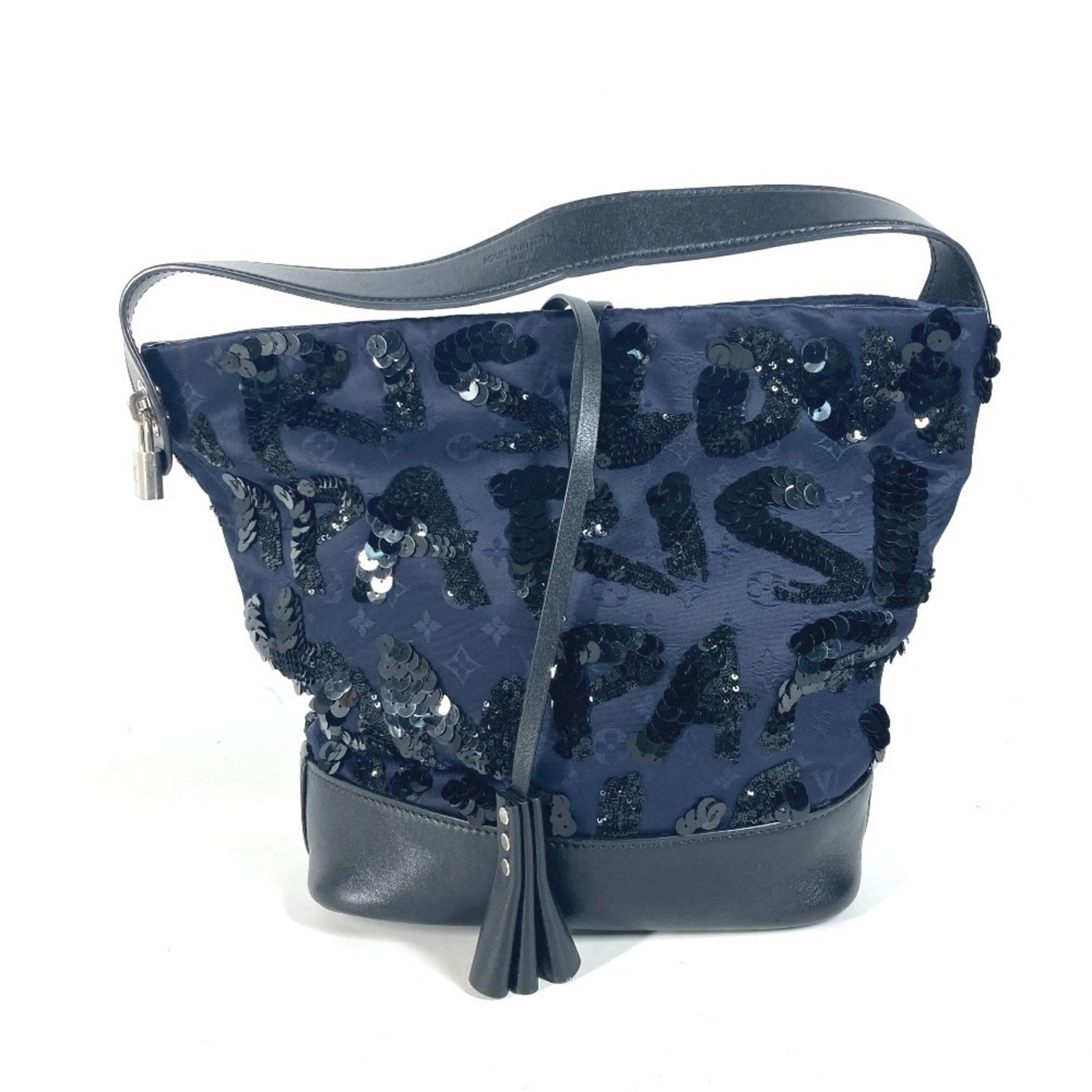 Louis Vuitton Monogram Satin Sequin Spotlight GM Shoulder Bag with Pouch Bucket Handbag Leather Navy