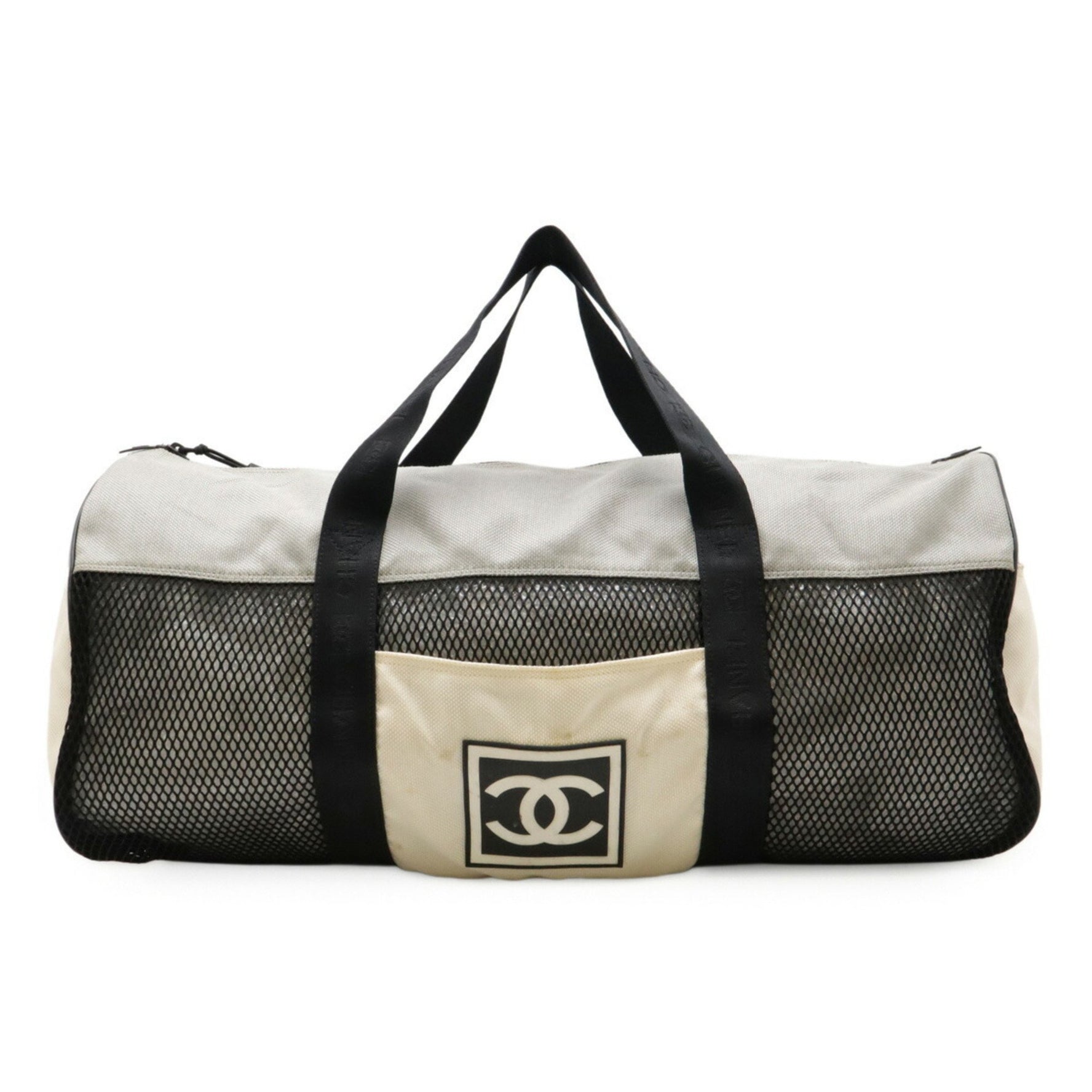 CHANEL Sports Line Boston Bag Travel Shoulder Nylon Gray Black White