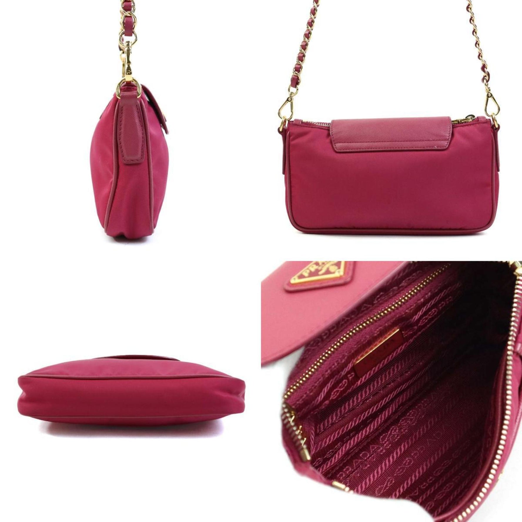 PRADA Shoulder Bag Nylon Leather Magenta Gold