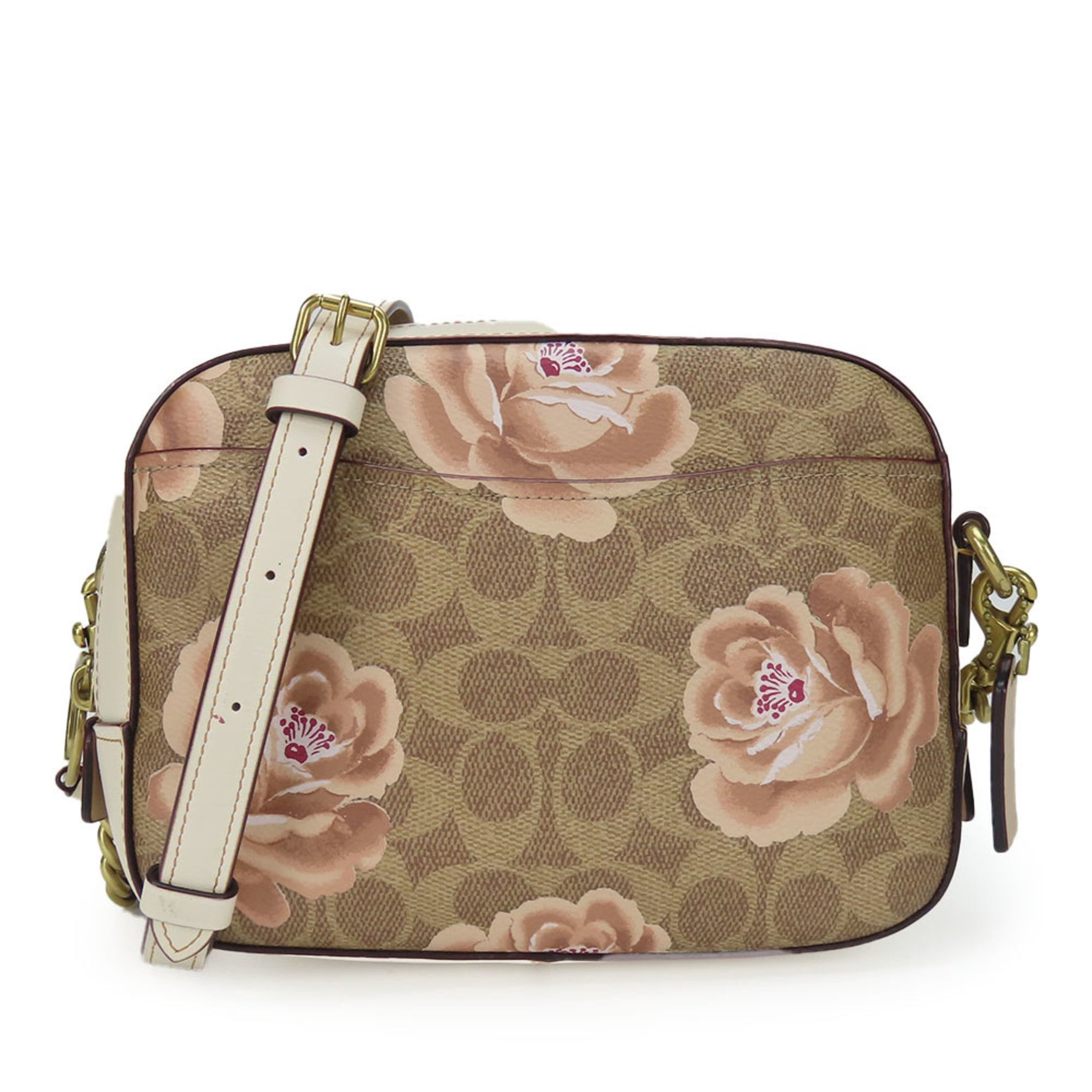 Coach Shoulder Bag Signature Leather Beige Ivory Flower Motif Camera