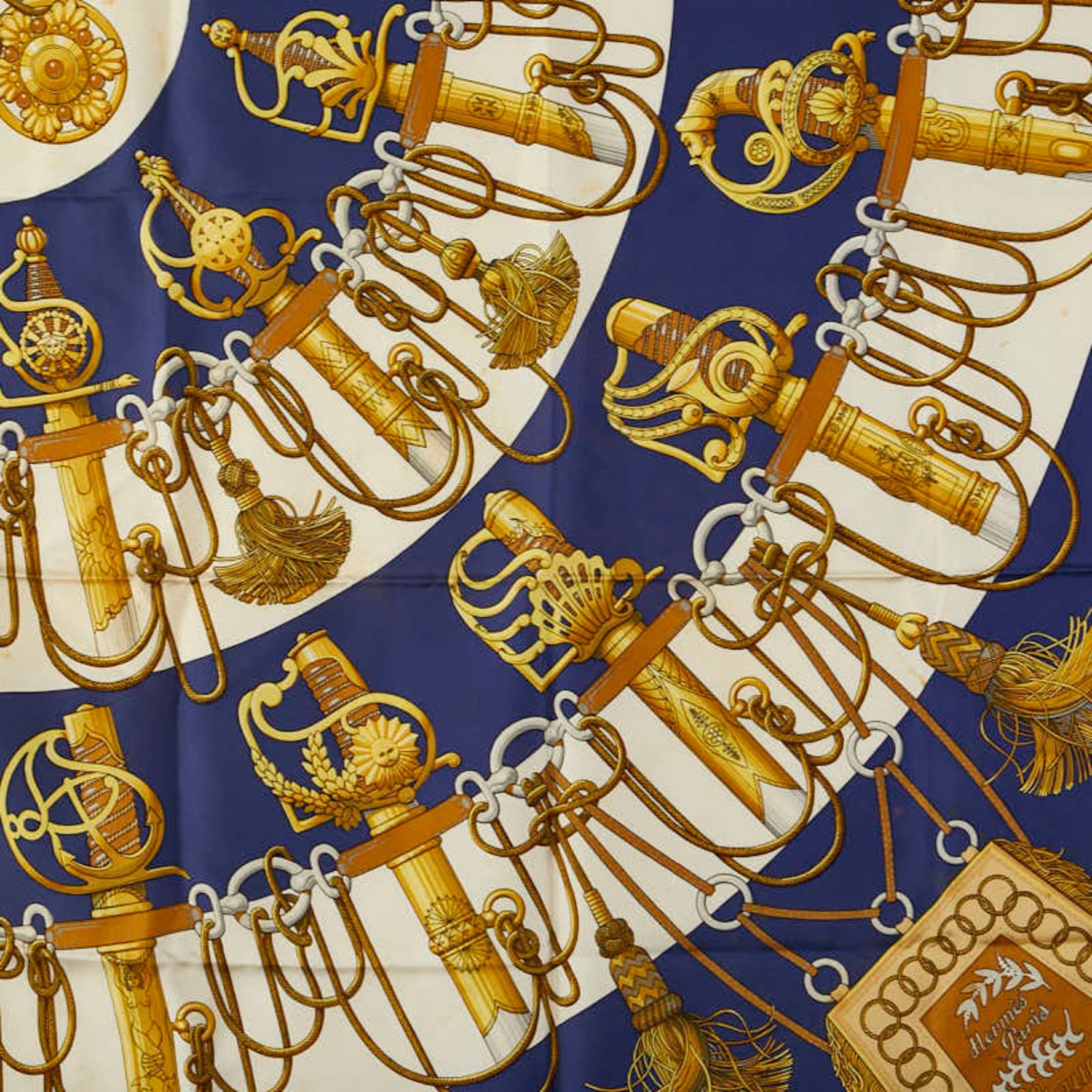 Hermes Carré 90 Cliquetis Kachikachi Sword Pattern Scarf Muffler Navy Multicolor Silk